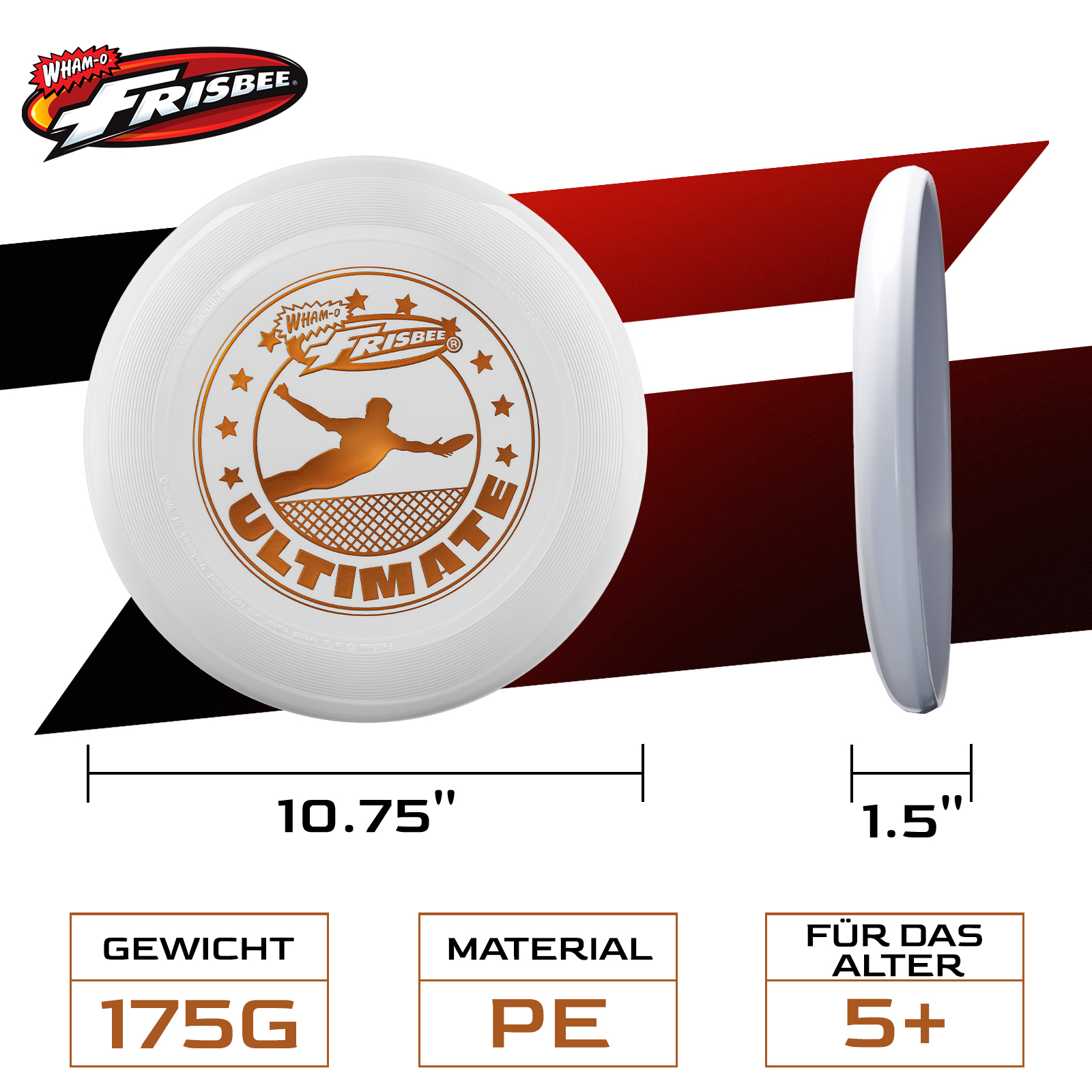 Weißes Frisbee mit goldenem Logo, 'Ultimate'-Text und Abmessungen. Text unten zeigt Gewicht, Material und Altersbereich.