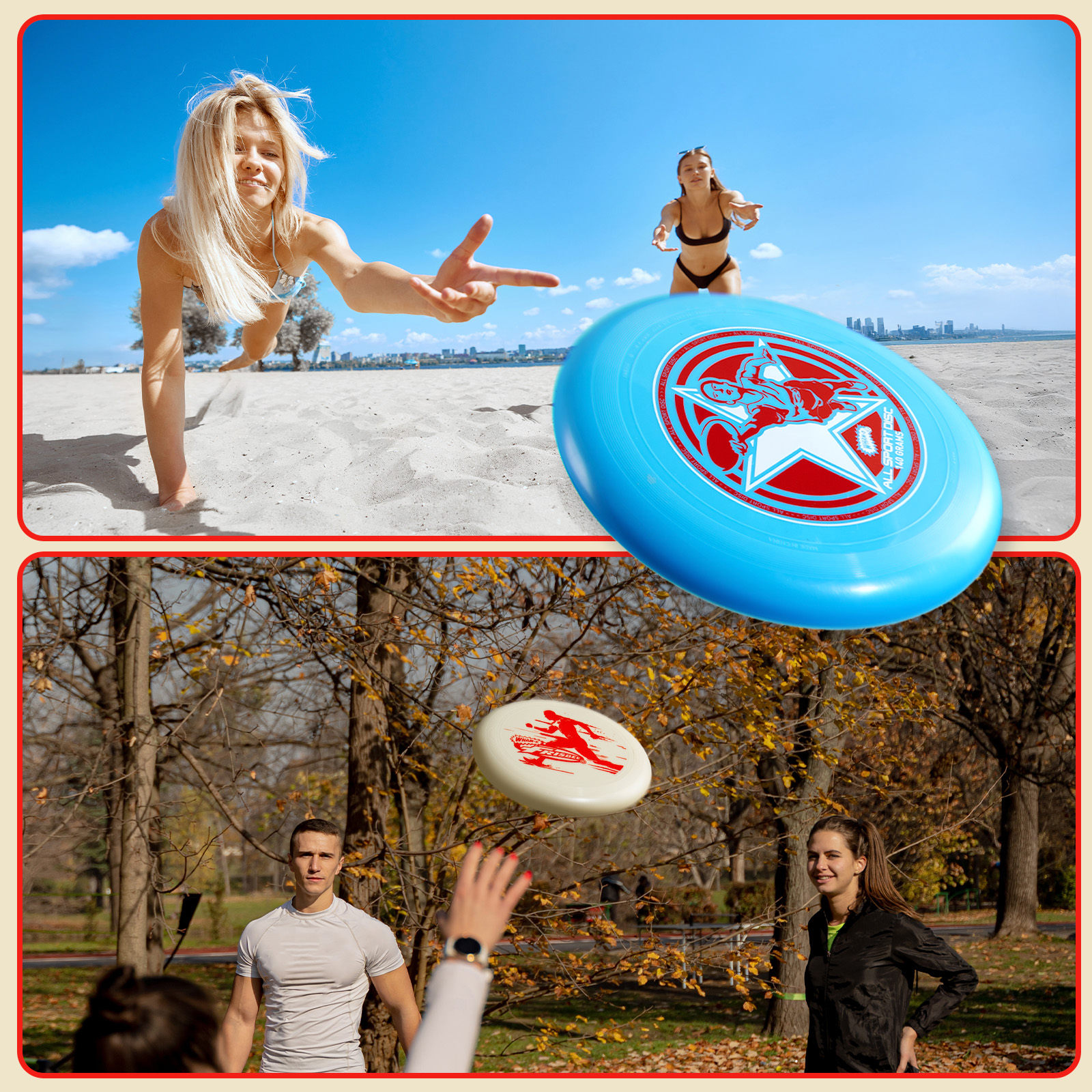 Zwei Frauen spielen am Strand Frisbee, eine wirft eine blaue Frisbeescheibe, die andere fängt sie. Eine dritte Gruppe spielt im Park.