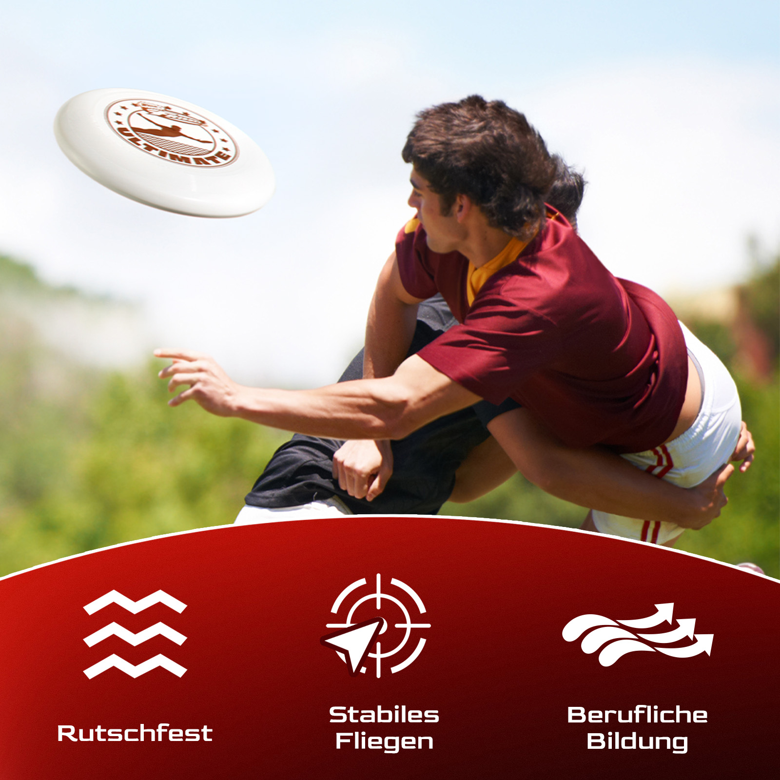Zwei Männer spielen Frisbee. Einer wirft es. Der andere versucht, es zu fangen. Eine weiße Frisbeescheibe ist in der Luft.