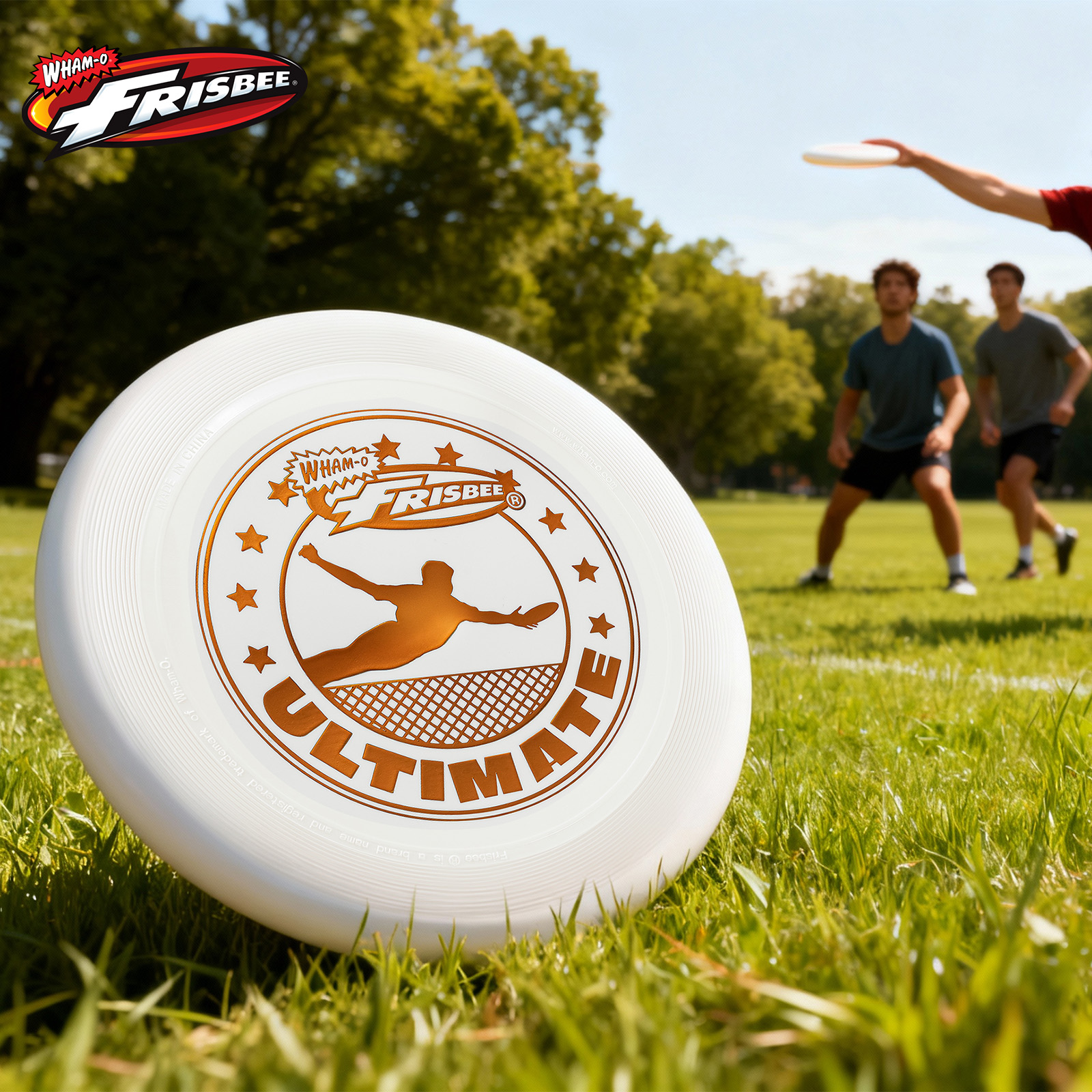 Eine weiße Frisbee mit Logo im Fokus. Zwei Männer spielen Frisbee auf einem grünen Feld, einer wirft die Scheibe.