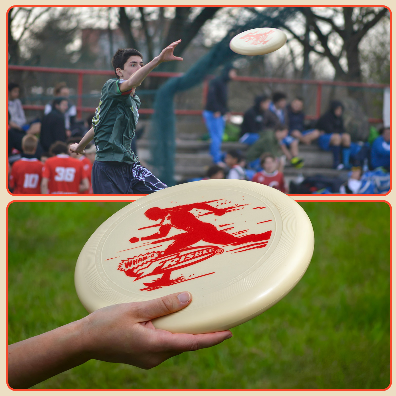 Ein Junge wirft eine Frisbee im Park. Eine andere Frisbee ist in der Luft. Menschen sitzen im Hintergrund auf Bänken.