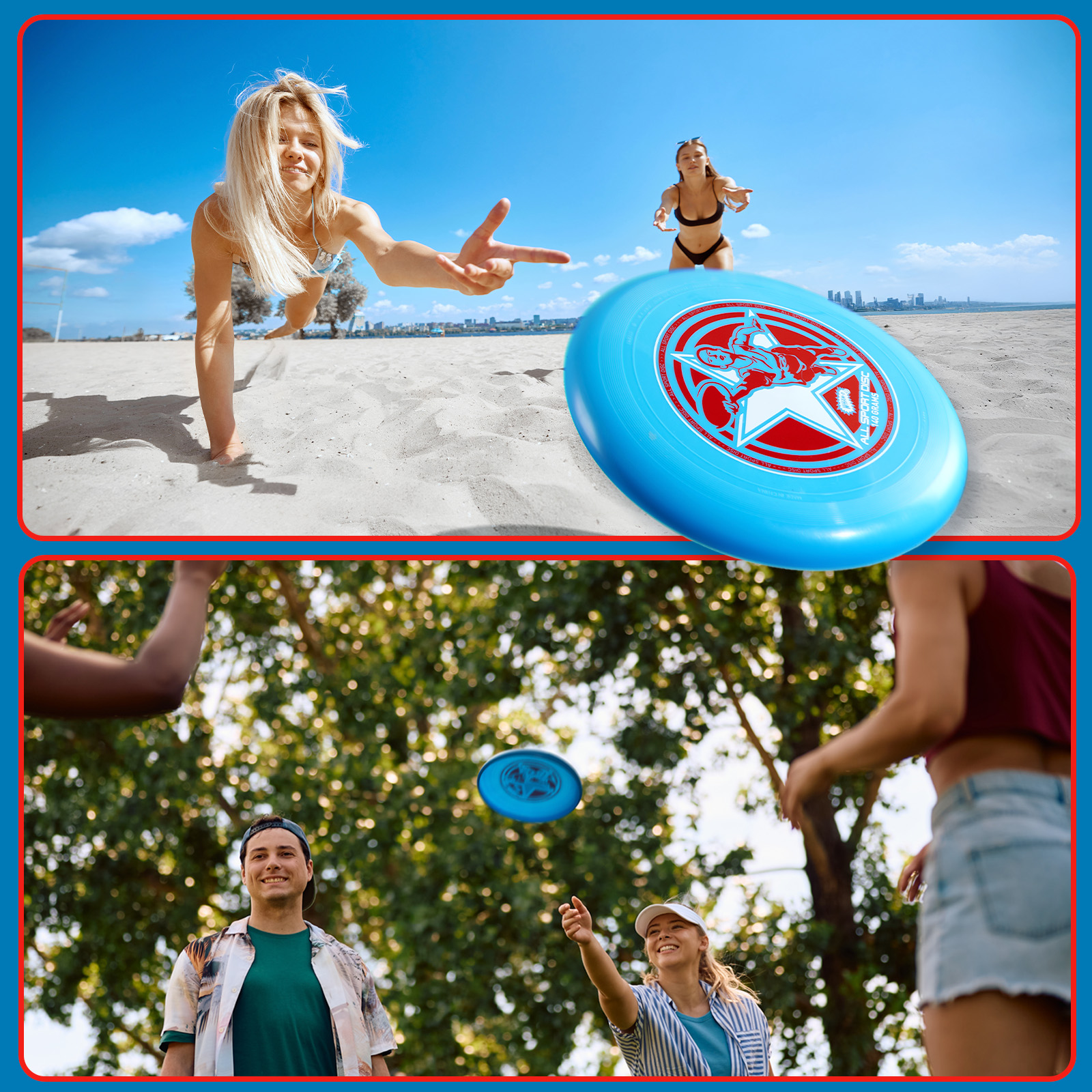 Zwei Szenen von Leuten, die Frisbee spielen. Eine am Strand, eine andere im Park. Blaue Frisbees werden geworfen und gefangen.