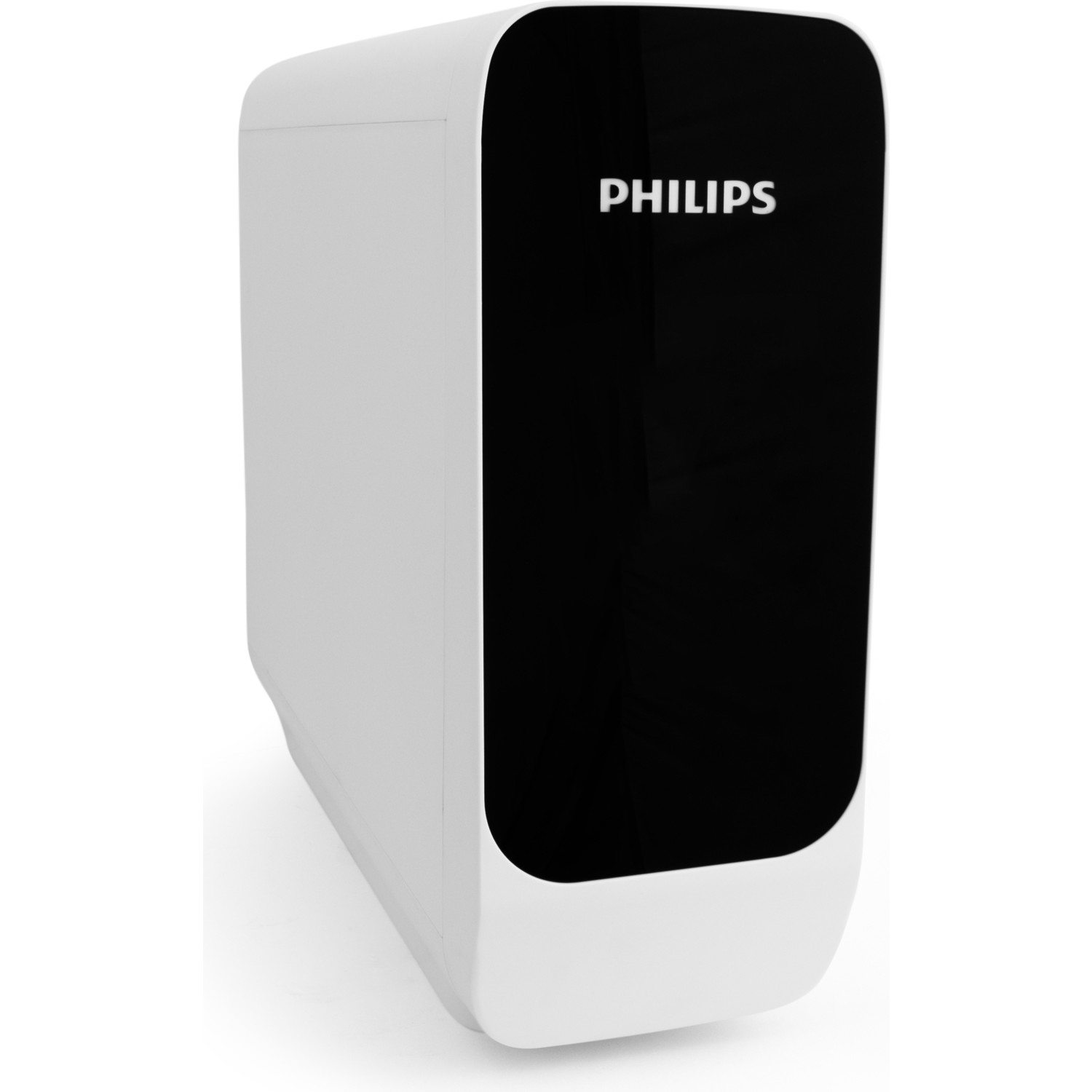 Siyah ön panelli beyaz bir Philips su arıtıcısı. Philips logosu beyaz renktedir.