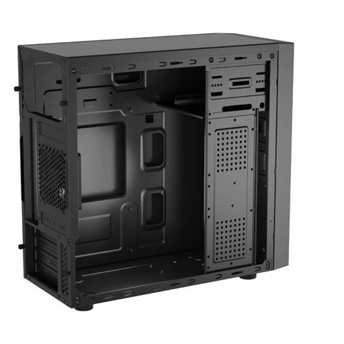 Czarna obudowa komputera, otwarta, pokazuje wewnętrzne przegrody i punkty mocowania. Jest pusta, z różnymi otworami na komponenty.