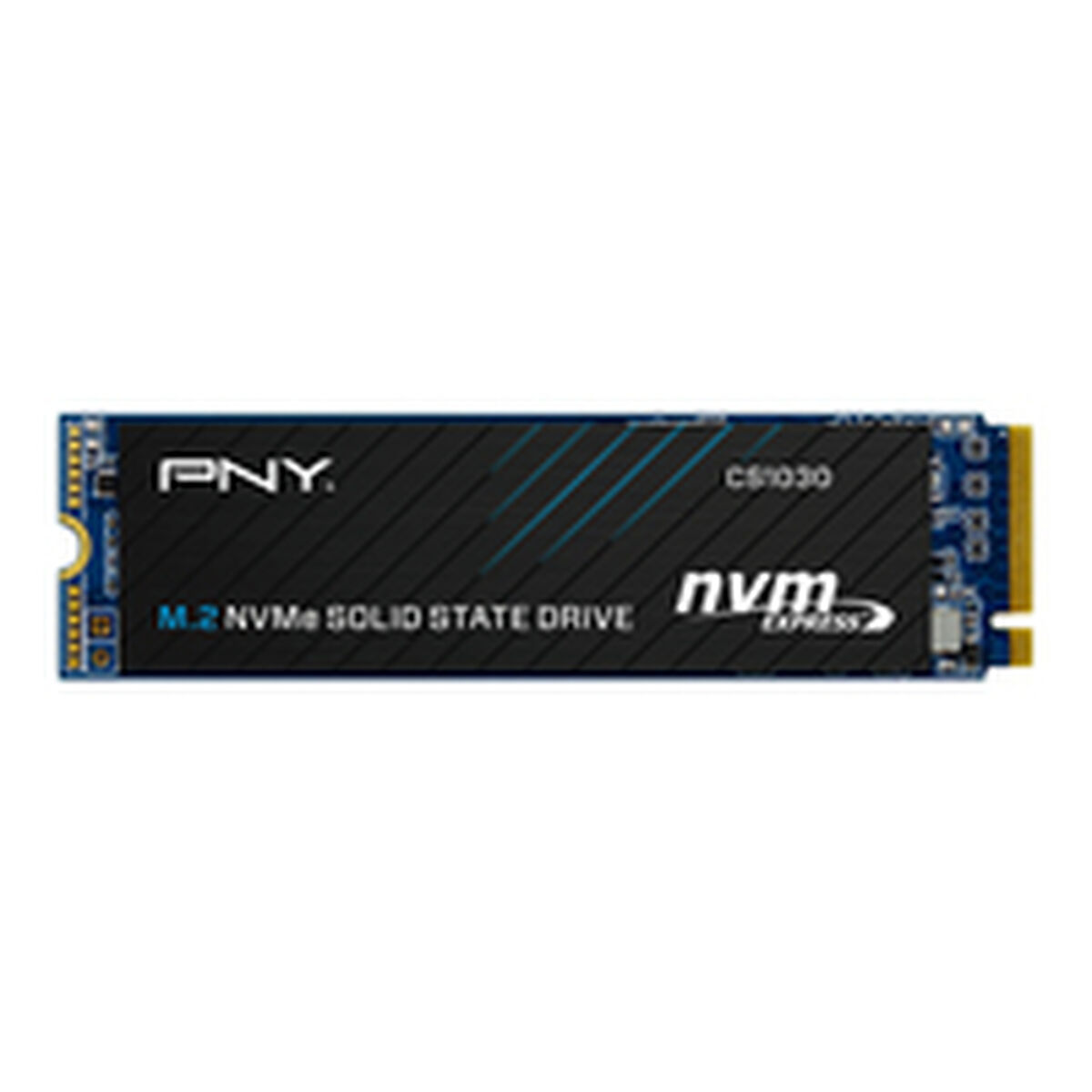 Dysk SSD PNY M.2 NVMe z niebieskimi akcentami i logo NVMe Express.