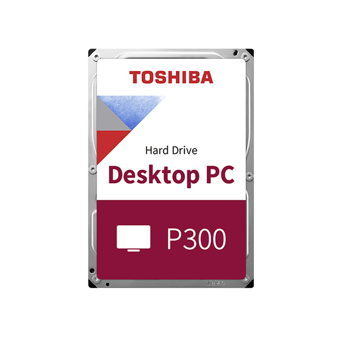 Un disco duro Toshiba para PC de escritorio. La etiqueta muestra TOSHIBA, Hard Drive, Desktop PC y P300. Colores: blanco, rojo, azul y burdeos.