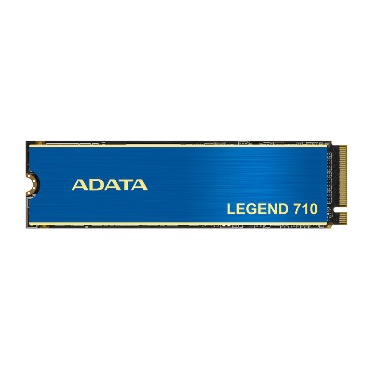 Niebieski dysk SSD ADATA Legend 710 na białym tle. Złoty napis i obramowanie. Szczegółowa płytka obwodu po prawej stronie.