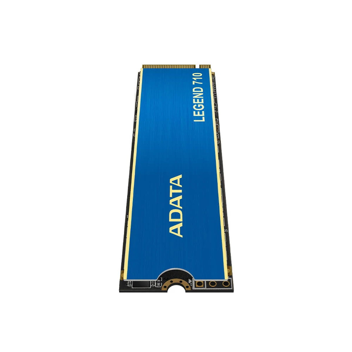 Dysk SSD ADATA Legend 710 na białym tle. Ma niebieski środek i złote krawędzie z logo ADATA.