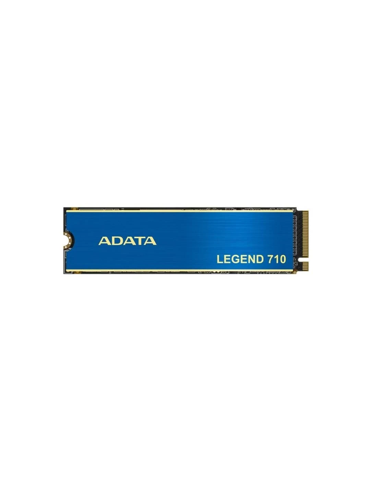 Niebieski dysk SSD ADATA LEGEND 710 na białym tle. Tekst jest w kolorze złotym.