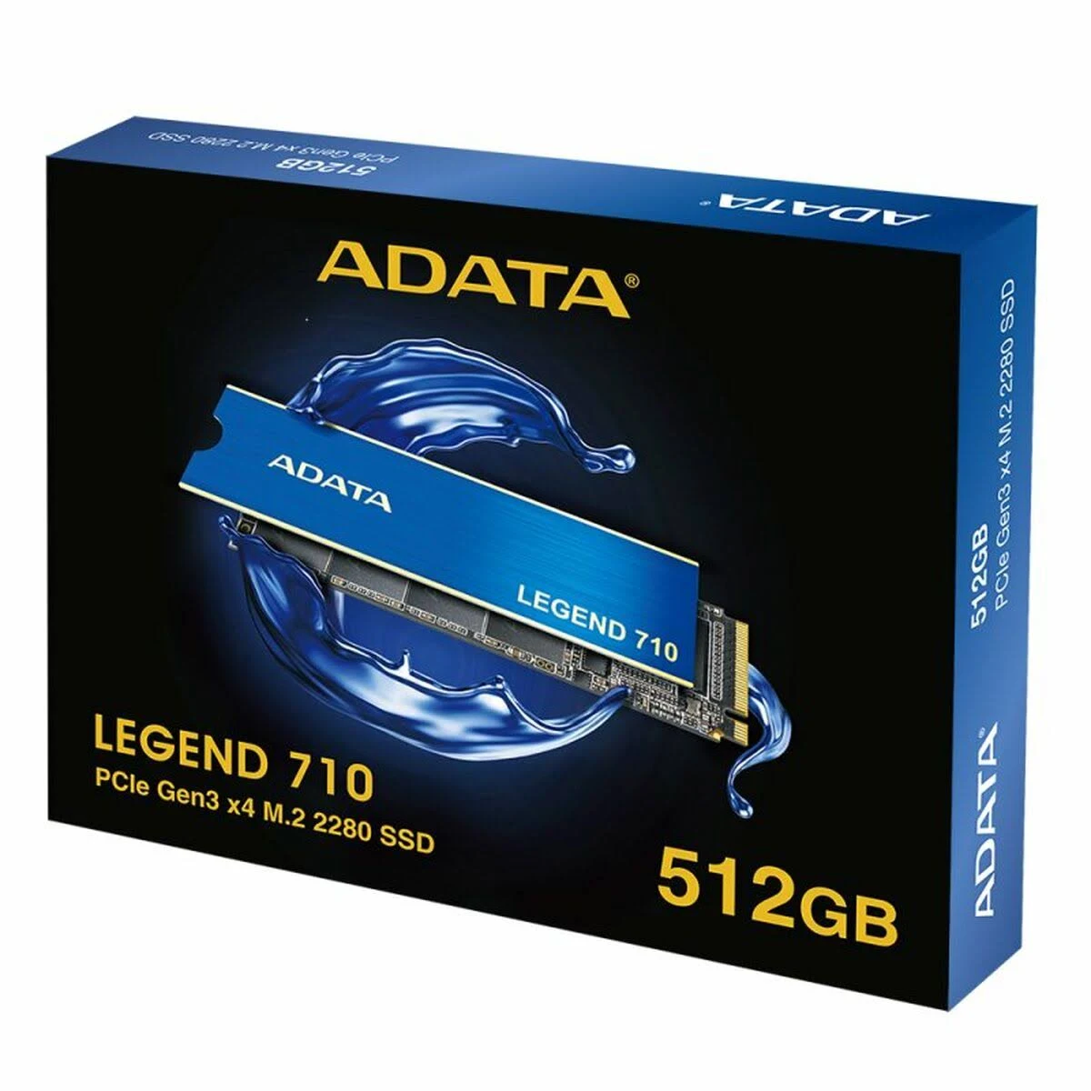 Niebiesko-czarne pudełko SSD ADATA Legend 710. Wyświetla dysk SSD i grafikę rozprysków wody oraz tekst "512GB".