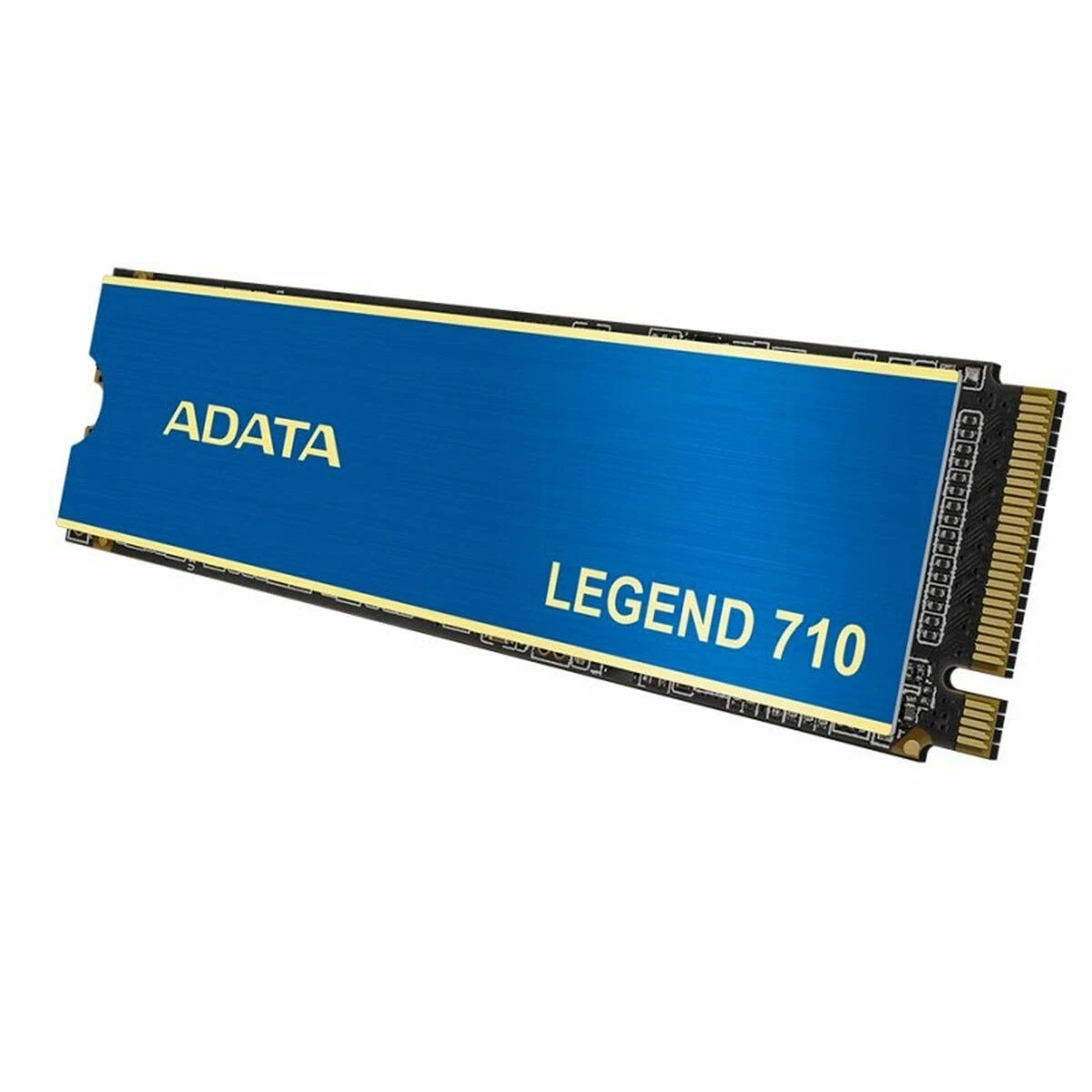 Niebieski dysk SSD ADATA Legend 710. Dysk SSD ma złote krawędzie i czarną płytkę drukowaną. ADATA i Legend 710 są nadrukowane na niebieskiej powierzchni.