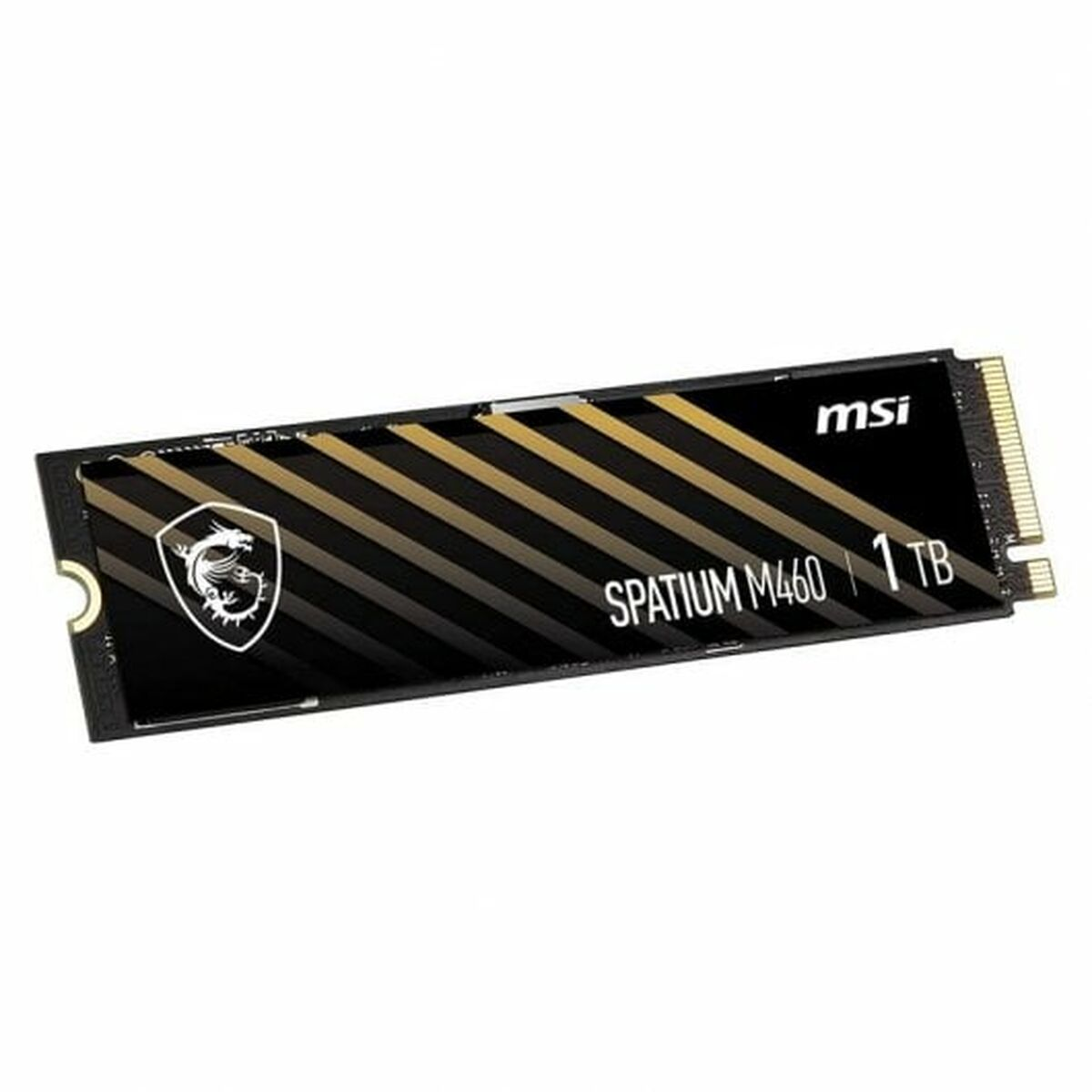 Dysk SSD NVMe MSI Spatium M460 1TB. Jest czarny ze złotymi paskami. Widoczne logo MSI i emblemat smoka.