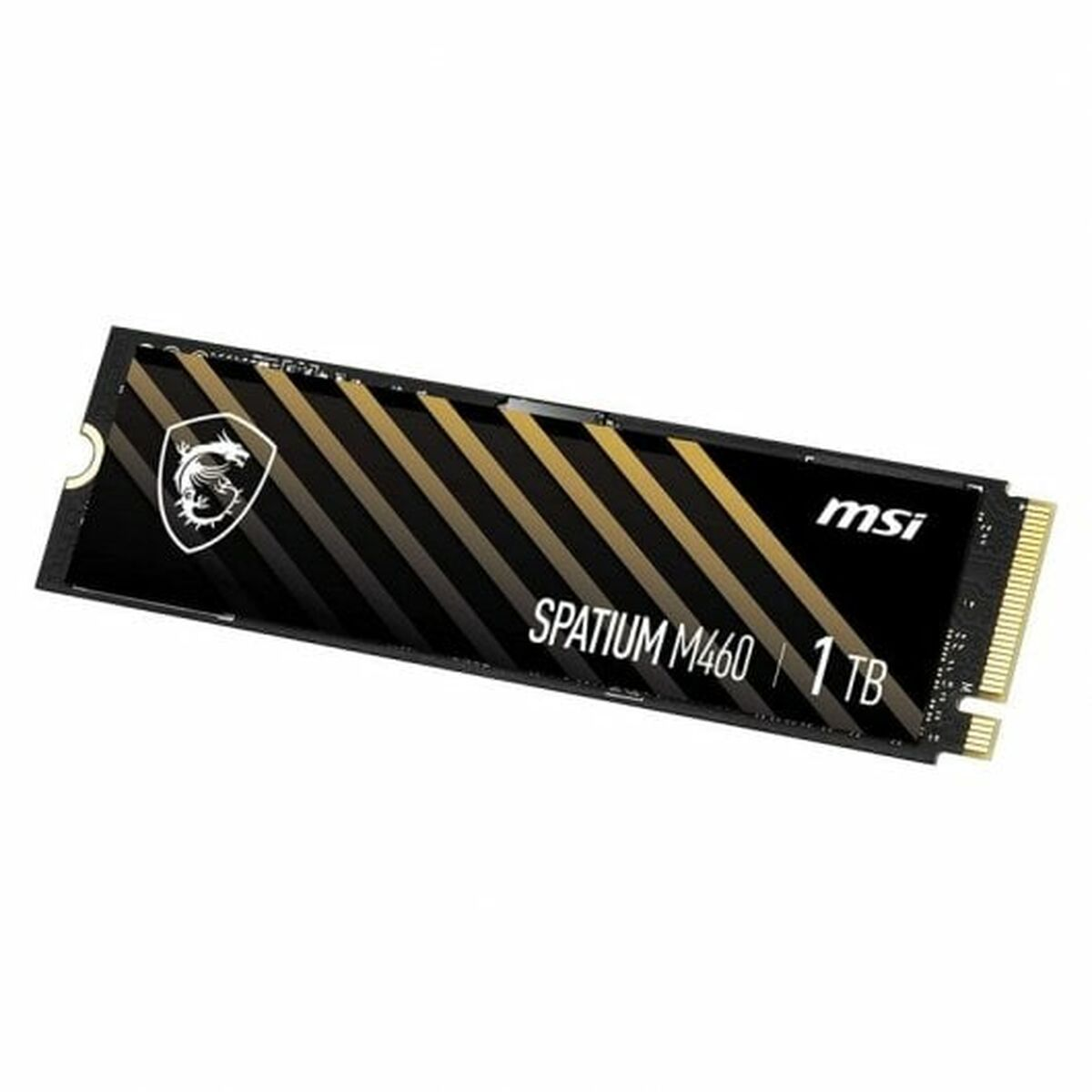 Dysk SSD NVMe MSI Spatium M460 1TB. Ma czarno-złoty design z logo MSI i napisem 'SPATIUM M460 1TB'.