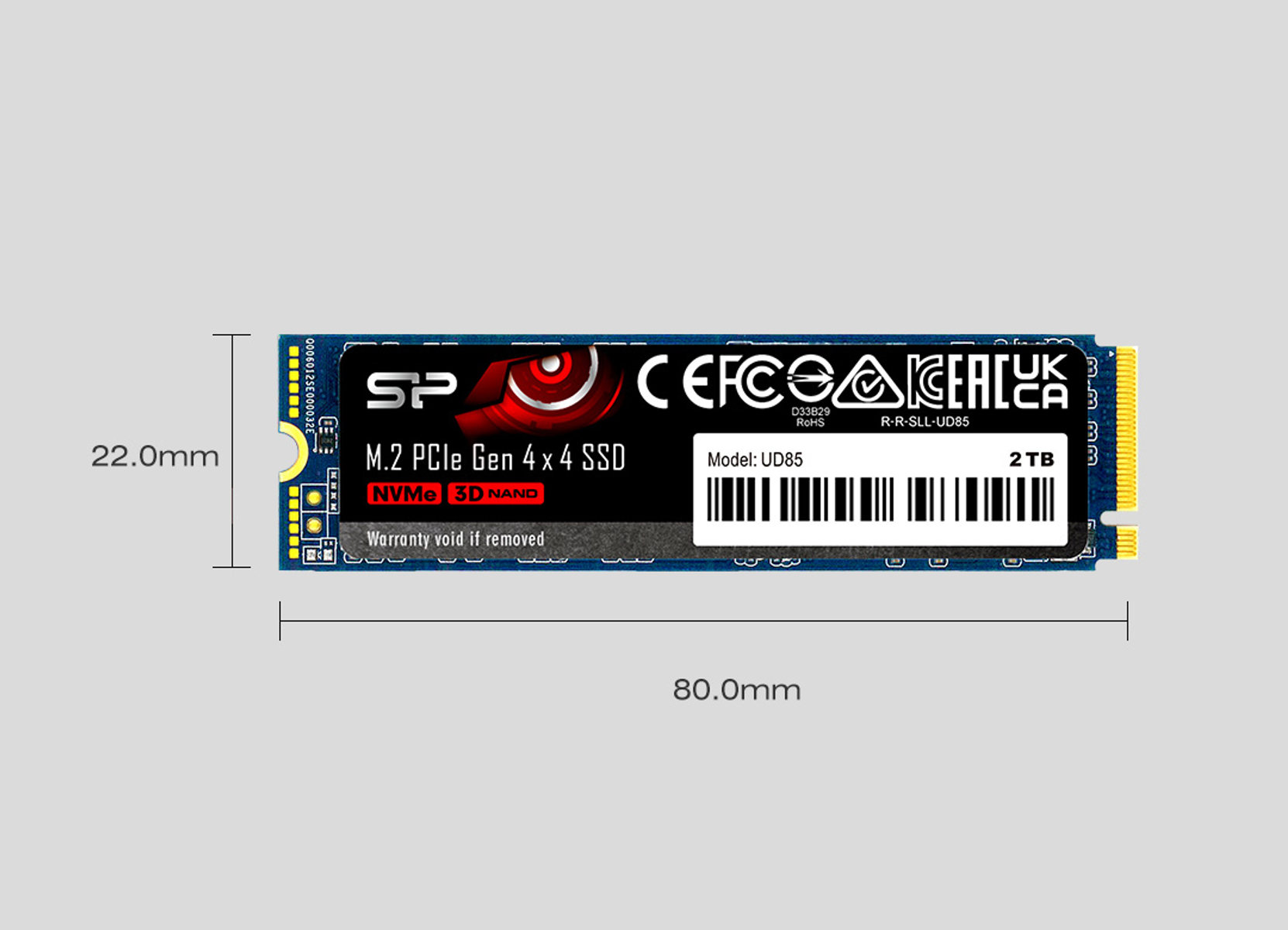 Dysk SSD M.2 PCIe Gen 4x4, niebieska płytka PCB z czarną etykietą. Ma czerwone logo, model UD85 i pojemność 2TB. Wymiary: 80,0 mm x 22,0 mm.