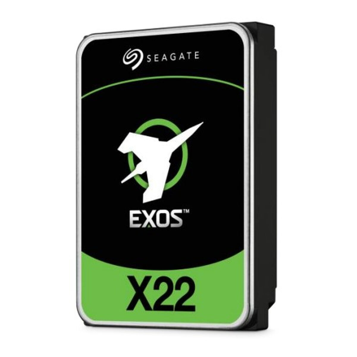 Disco rigido Seagate EXOS X22. Custodia nera, frontale verde e nero con logo e testo. Logo aereo bianco e X22 in basso.