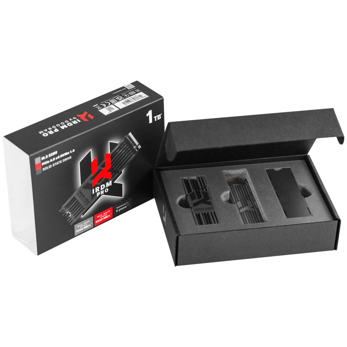 An open black box with a solid state drive. The box is labeled IRDM PRO, 1TB. Another box is on the left.