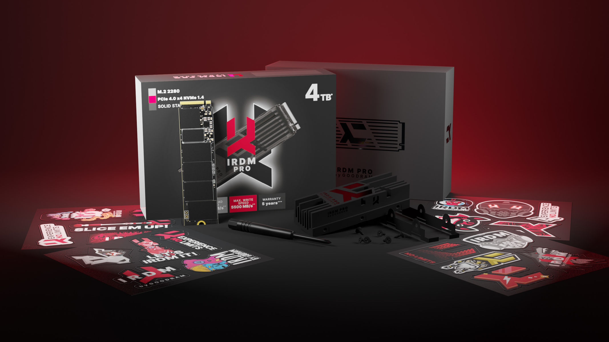 Image shows an IRDM Pro SSD box with stickers, a screwdriver, and an SSD heatsink on a black surface against a red backdrop.