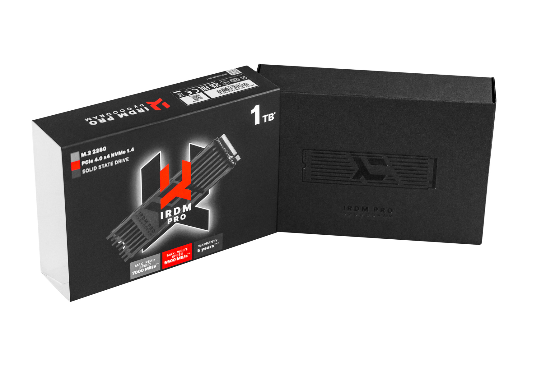 A solid-state drive box, black with red accents, showing product details and the brand name IRDM PRO. A second black box is on the right.