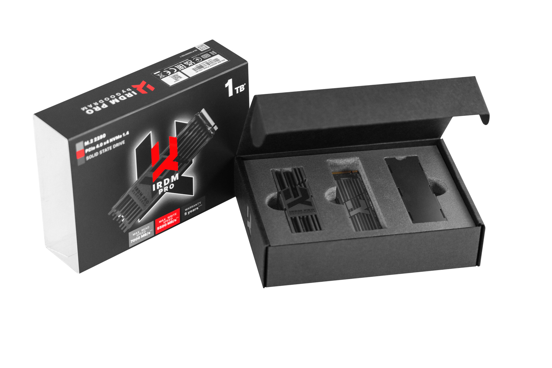 An open box shows a black SSD. The box is black with white accents and the text IRDM PRO. On the box is the text 1TB.