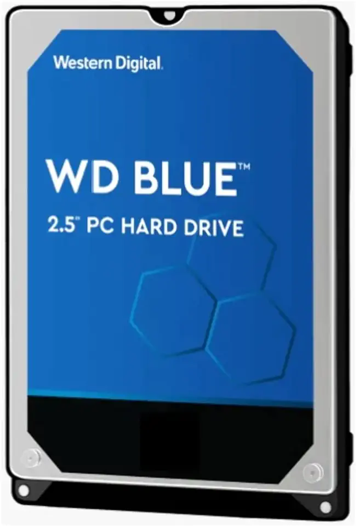 Dysk twardy WD Blue 2,5" do komputera. Ma niebieską etykietę z białym tekstem. Jest napisane WD BLUE, Western Digital.