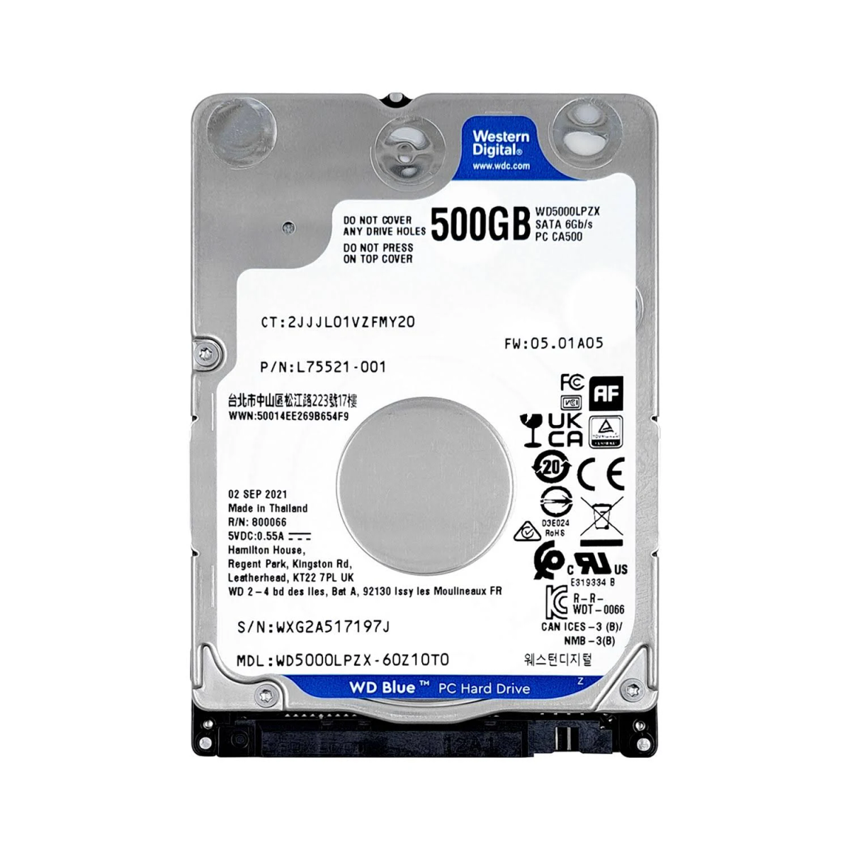 Dysk twardy Western Digital 500 GB. Ma tekst i logo na etykiecie. Napęd jest srebrny.