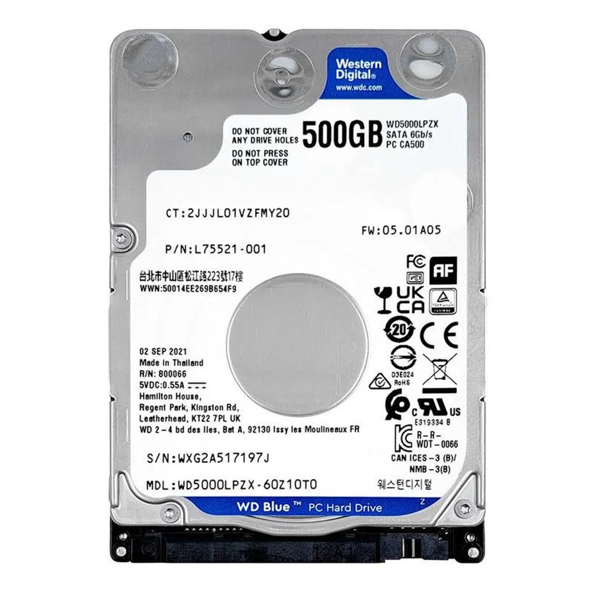 Dysk twardy Western Digital 500 GB. Zawiera tekst i logo, w tym 'WD Blue' i 'SATA 6Gb/s'.