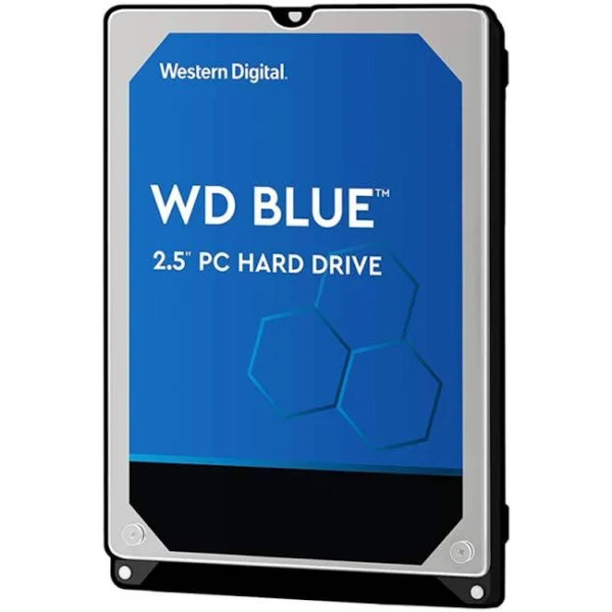 Dysk twardy WD Blue 2,5" do komputera PC. Niebieski i srebrny dysk twardy z logo Western Digital. Sześciokątny wzór na dole.