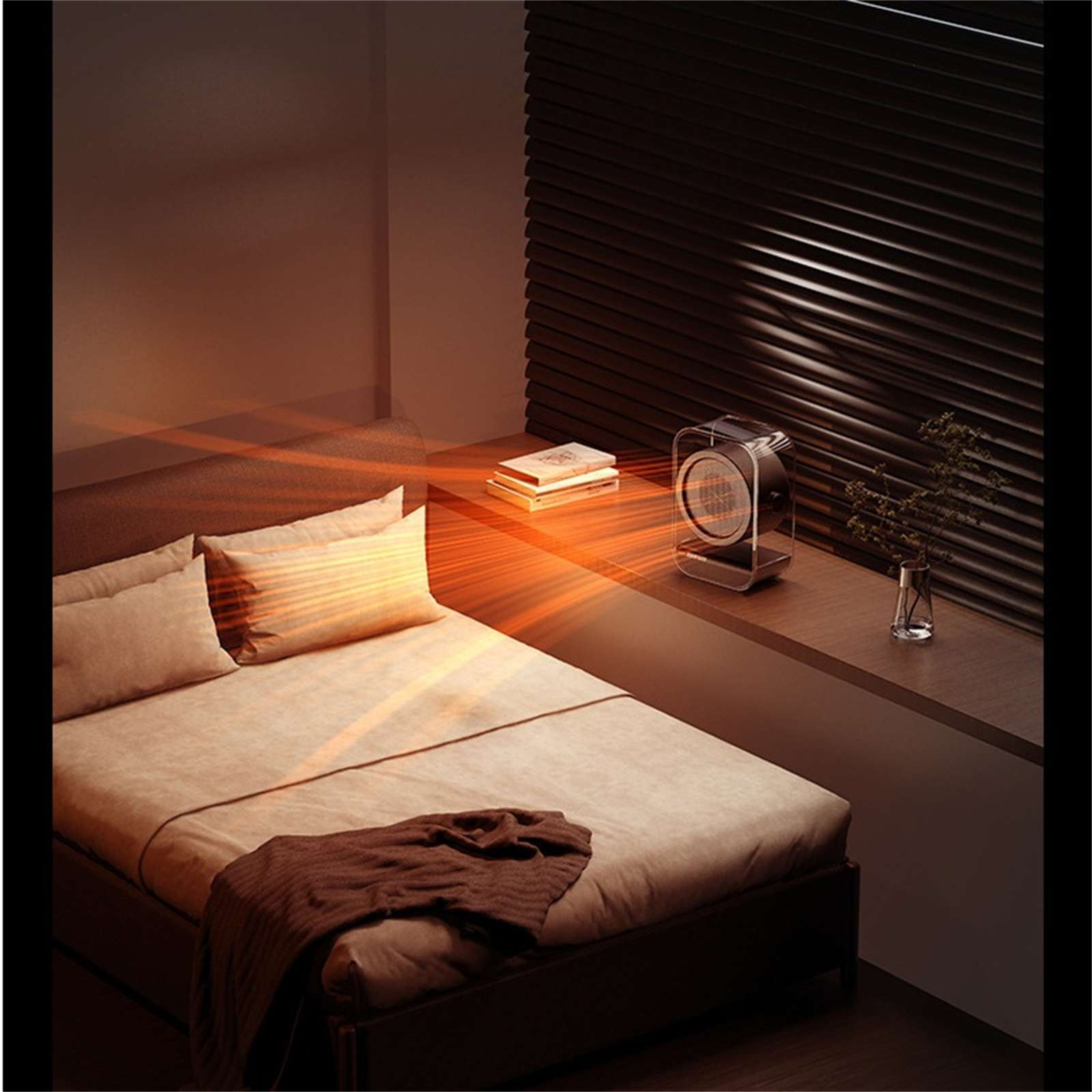 Schlafzimmerszene mit Bett, Heizung und Fenster. Warmes Licht geht von der Heizung aus.