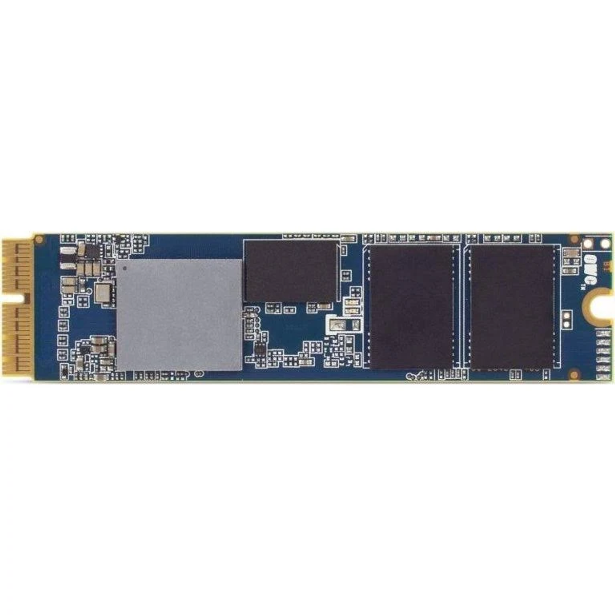 Se muestra un componente de computadora, una SSD M.2. Tiene una placa de circuito azul con chips, un cuadrado plateado y rectángulos negros.