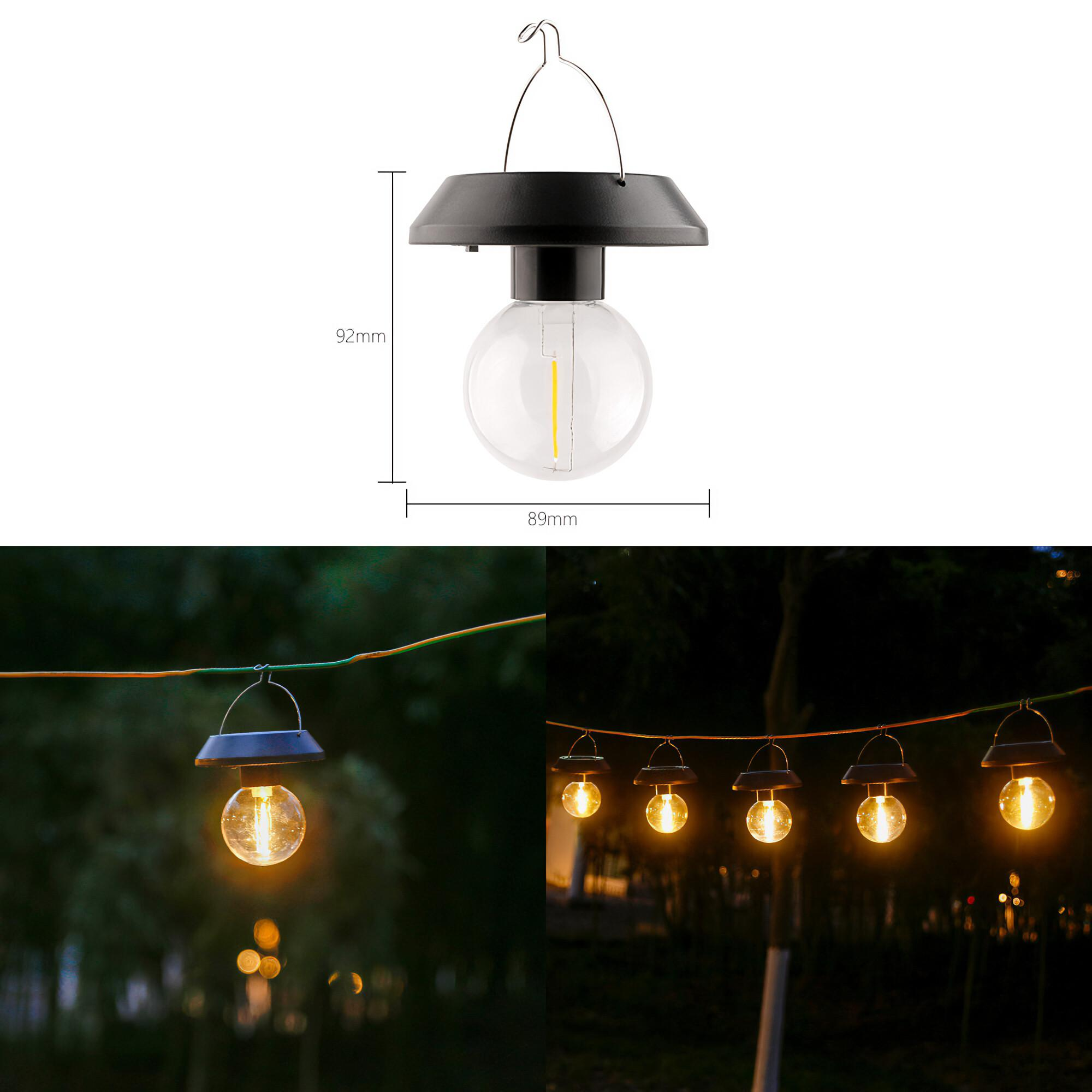 Eine solarbetriebene Glühbirne mit schwarzer Kappe, die an einem Draht hängt. Mehrere Lichter im Hintergrund.