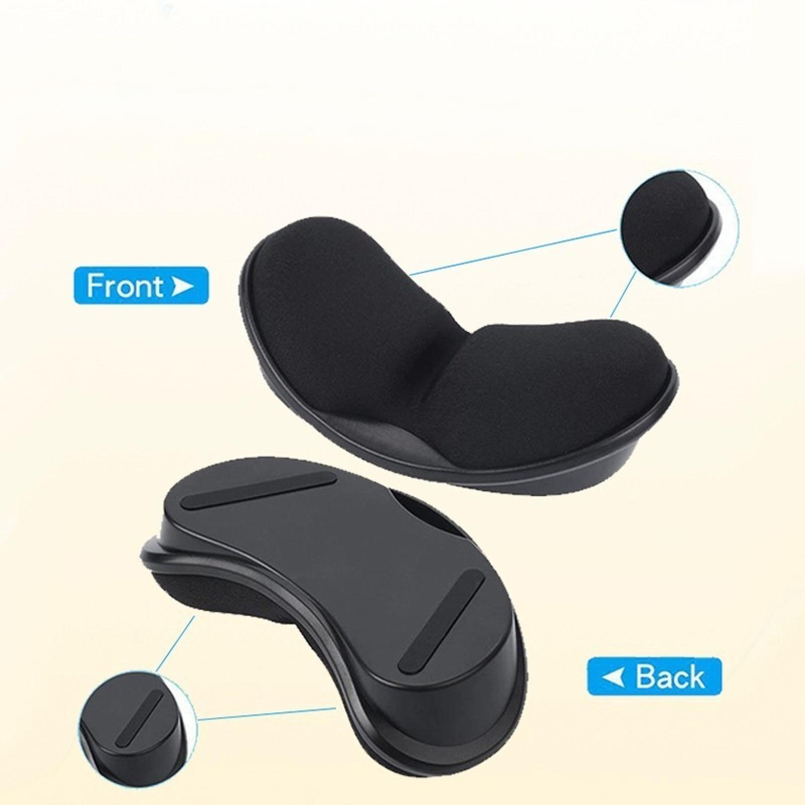 Schwarze ergonomische Handgelenkstütze für eine Maus mit gebogener Form und gepolsterter Oberseite für Komfort. Auch die Rückseite ist abgebildet.