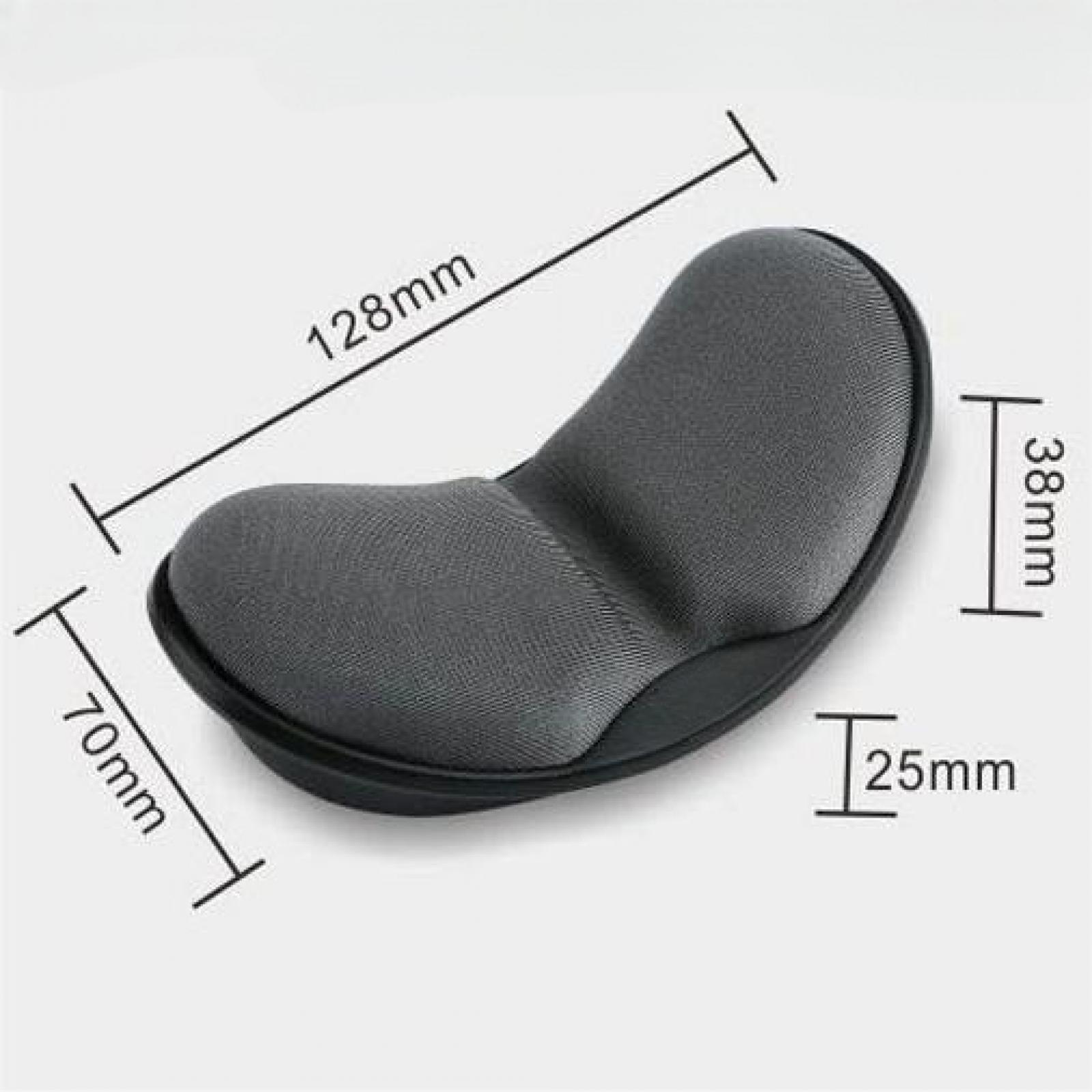 Eine graue ergonomische Handgelenkstütze für die Maus mit den Maßen: 128 mm, 70 mm, 38 mm und 25 mm, auf weißem Hintergrund.