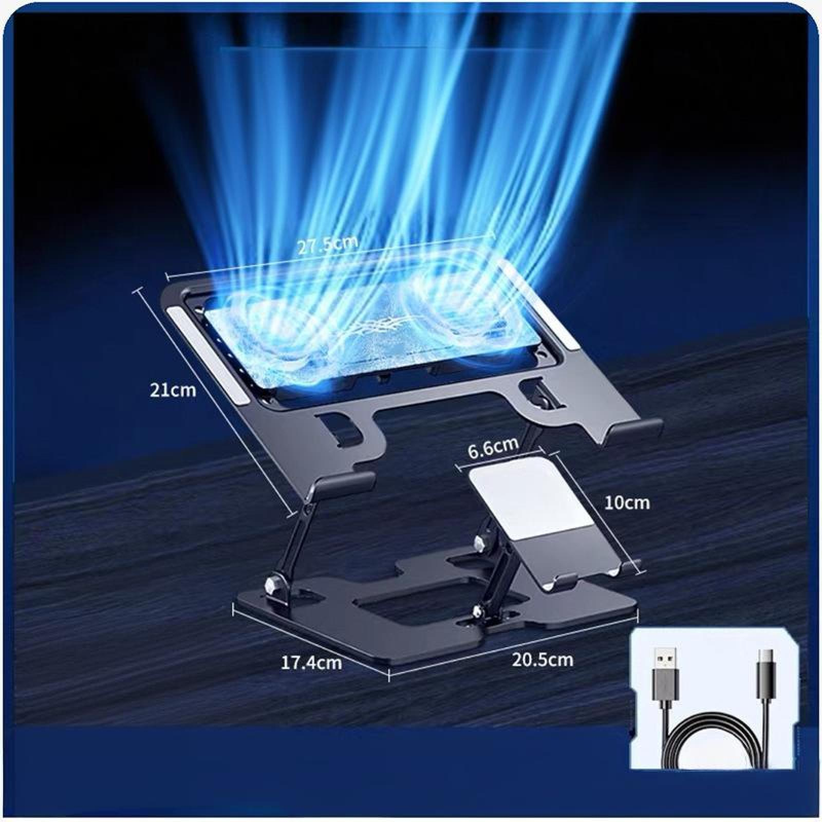 Schwarzer Laptop-Ständer mit Maßen. Blauer Lichteffekt darüber. USB-Kabel unten rechts.