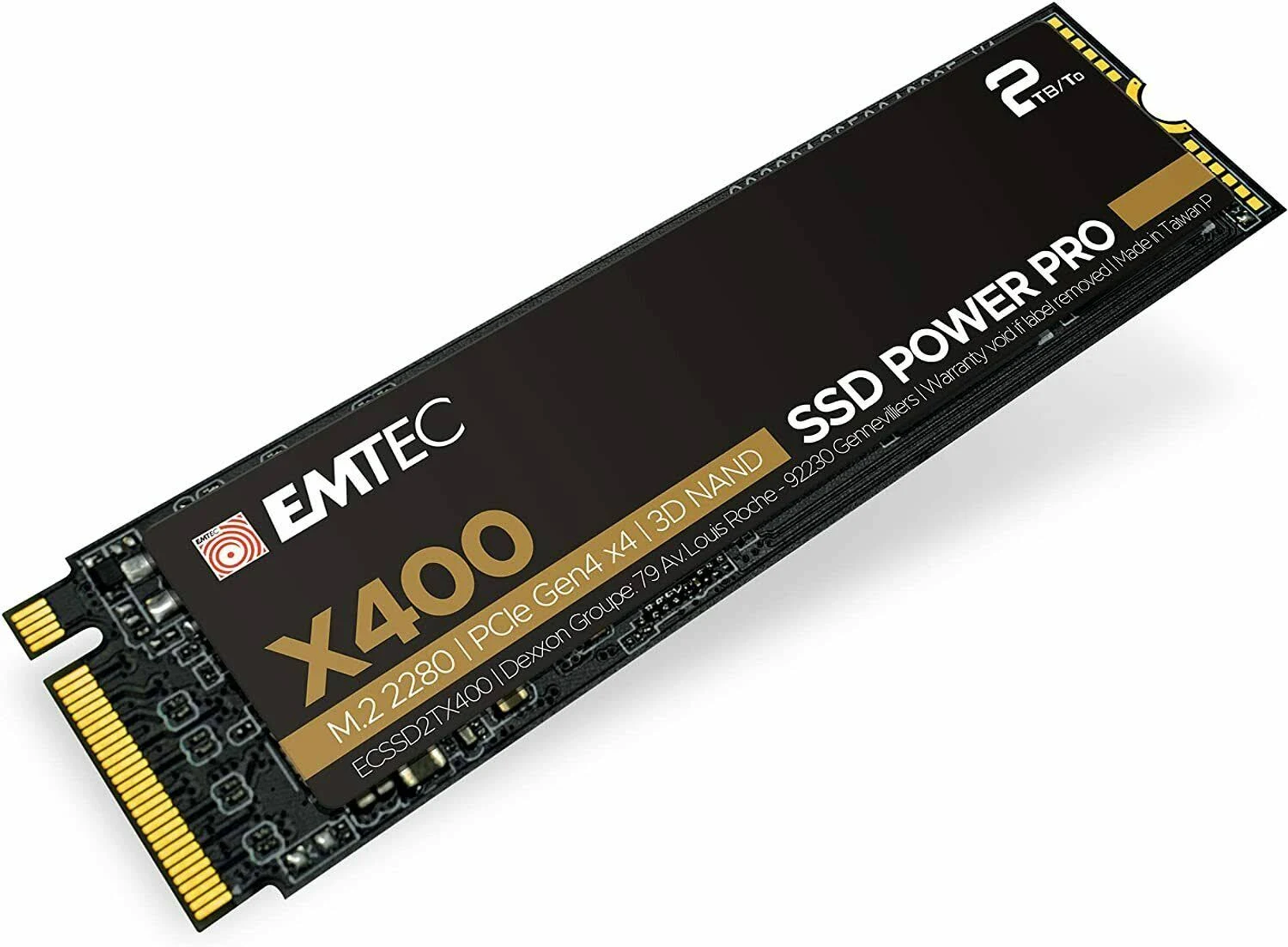 EMTEC X400 SSD Power Pro. Czarny dysk SSD ma złoty tekst i złote złącze. Jest oznaczony jako 2TB/To.