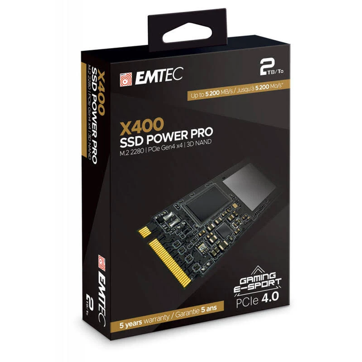Czarne pudełko Emtec X400 SSD Power Pro z ilustracją płytki drukowanej, białym tekstem i uchwytem u góry.