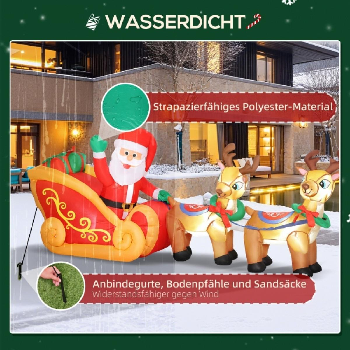 Aufblasbarer Weihnachtsmann in einem Schlitten mit Rentieren vor einem Haus mit Text. Es ist wasserdicht und windbeständig.
