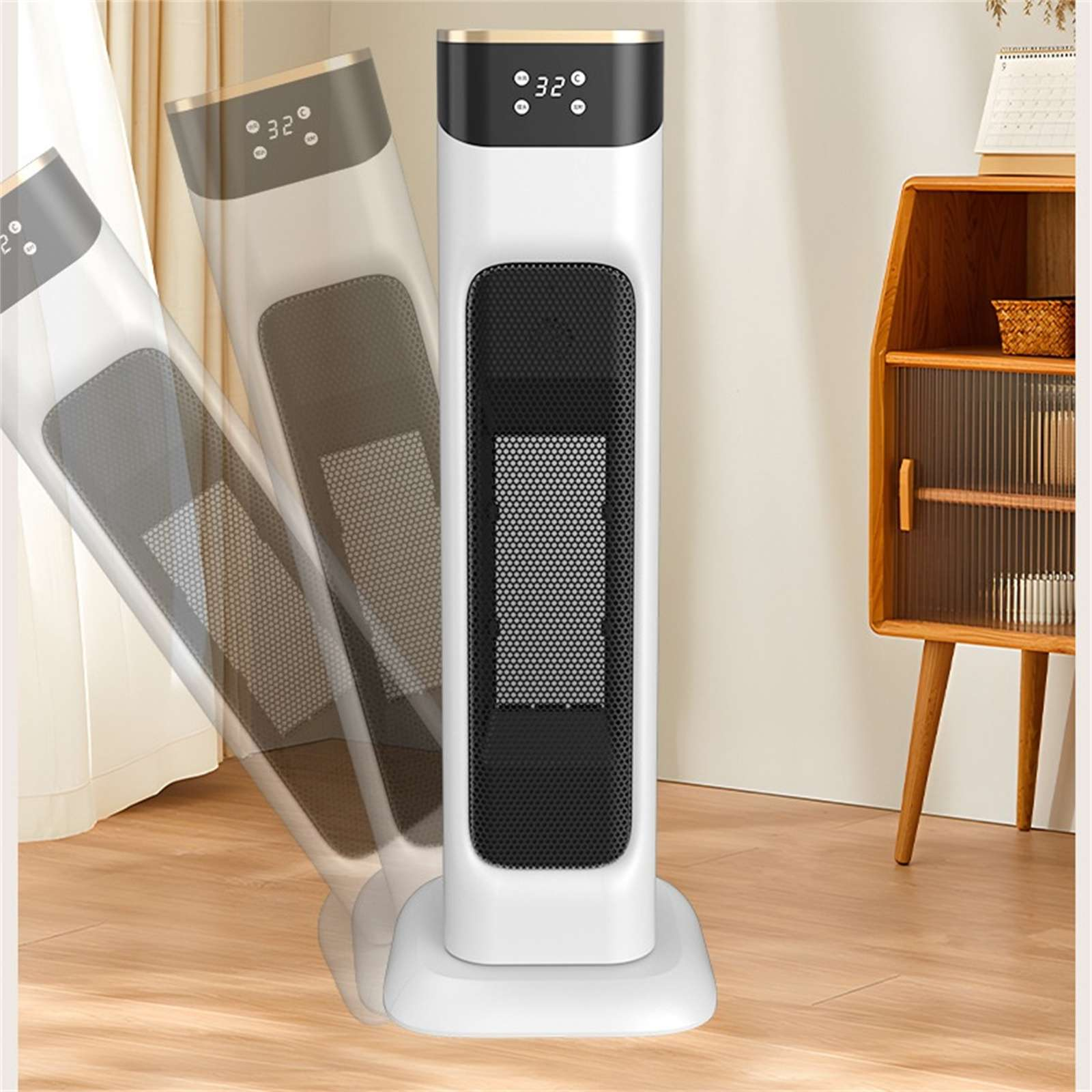 Ein weißer elektrischer Heizlüfter mit schwarzer Netzfront. Die Temperatur wird angezeigt. Ein Holzschrank ist im Hintergrund.