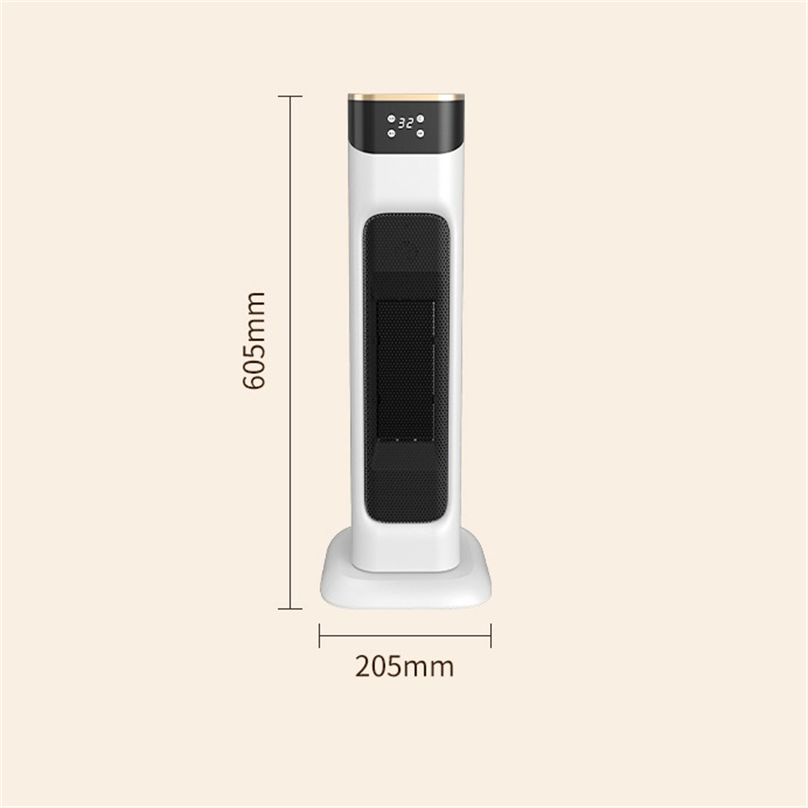 Weißer Elektroheizer mit schwarzem Grill, Display und goldenem Oberteil. Abmessungen: 605 mm Höhe, 205 mm Breite, auf beigem Hintergrund.