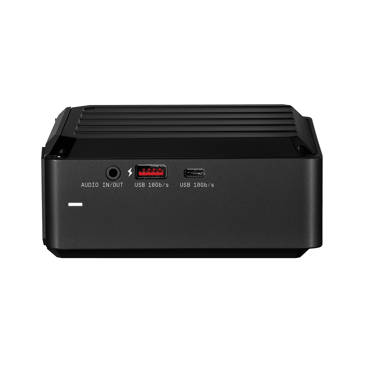 Un dispositivo negro con puertos Audio In/Out, USB 10Gb/s y USB 10Gb/s. La parte superior tiene un diseño acanalado.