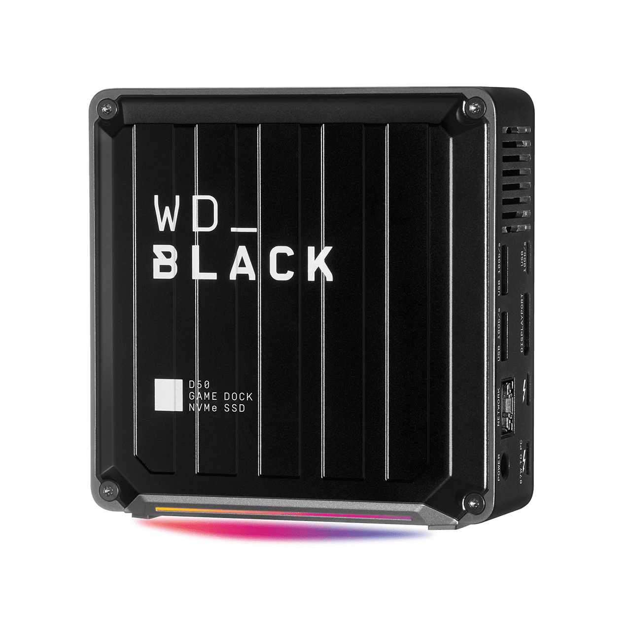 Un WD_BLACK D50 Game Dock negro. Tiene líneas verticales y texto blanco, con puertos en el lateral. Luz LED en la parte inferior.