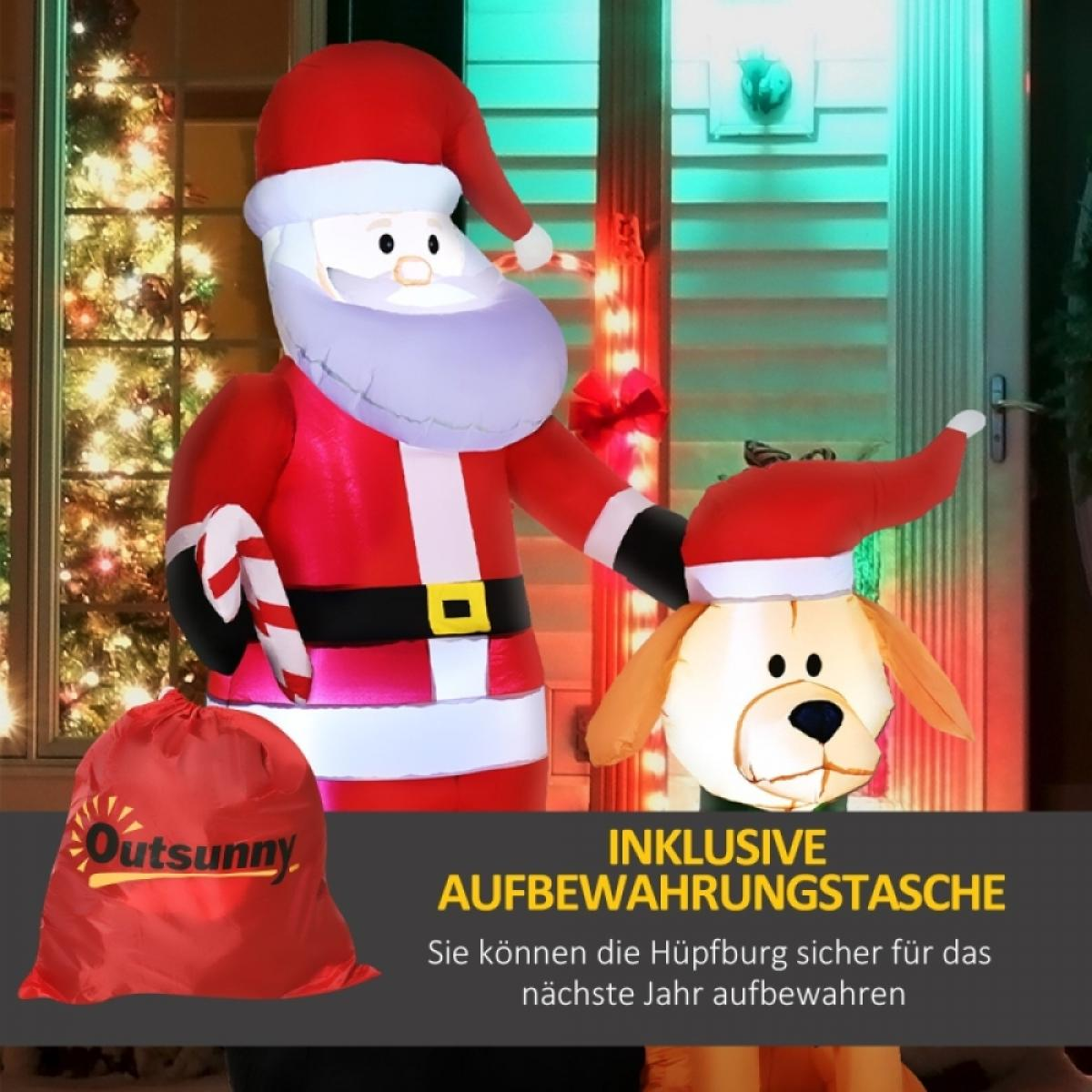Aufblasbarer Weihnachtsmann und Hund mit Weihnachtsbaum im Hintergrund. Auf der linken Seite eine rote Tasche mit Outsunny-Logo.
