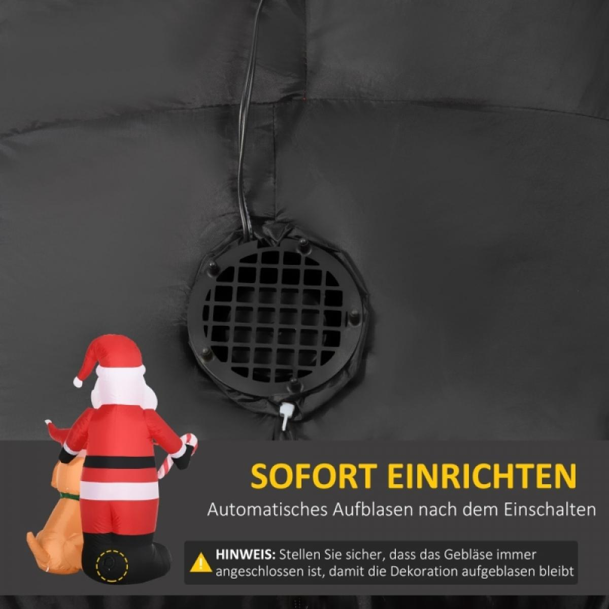 Aufblasbarer Weihnachtsmann und Hund mit schwarzem Hintergrund. Text lautet 'SOFORT EINRICHTEN' und Anweisungen.