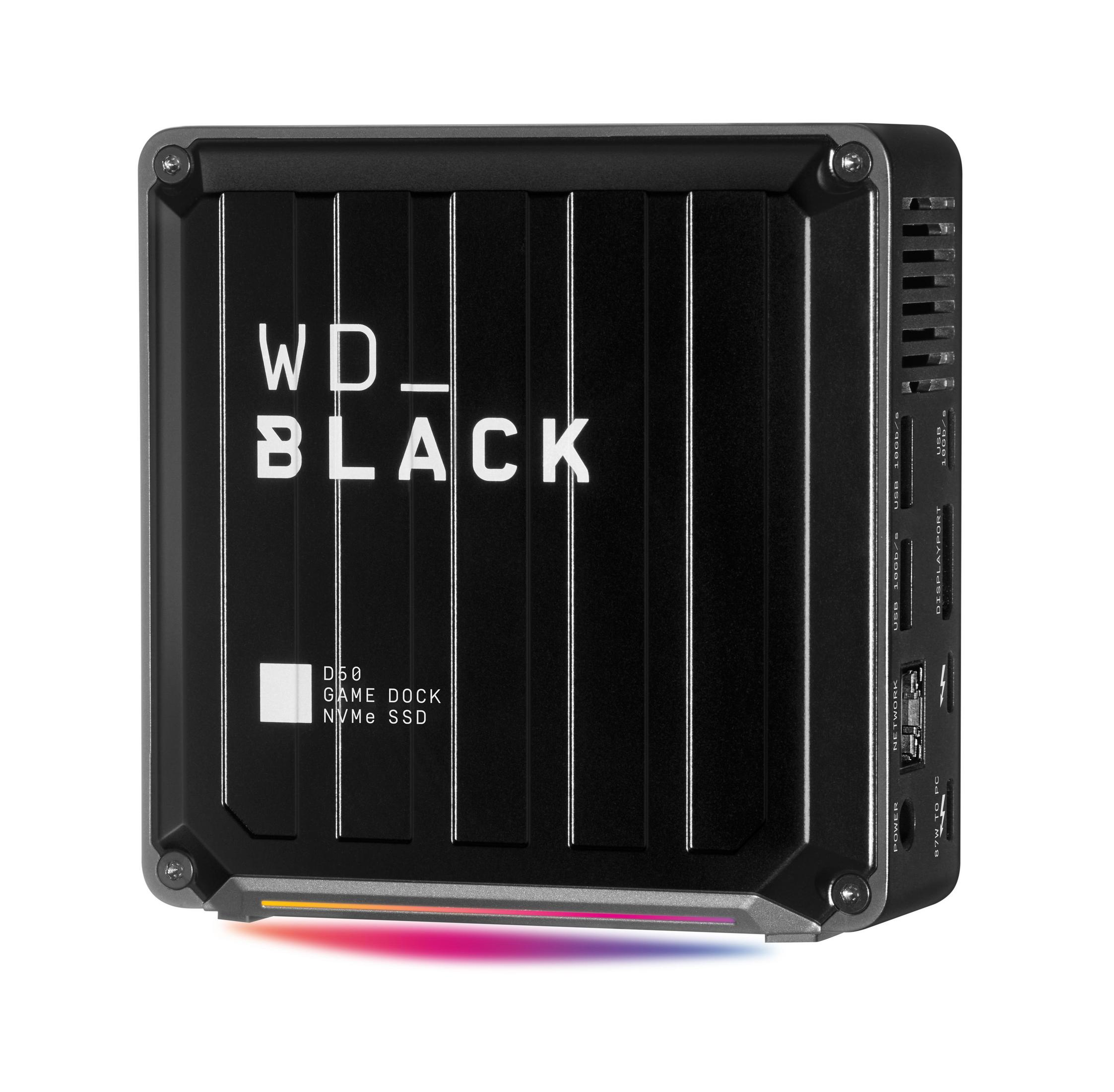 Un SSD NVMe WD_BLACK D50 Game Dock negro. Tiene puertos, el logotipo de WD_BLACK y una luz colorida en la parte inferior.