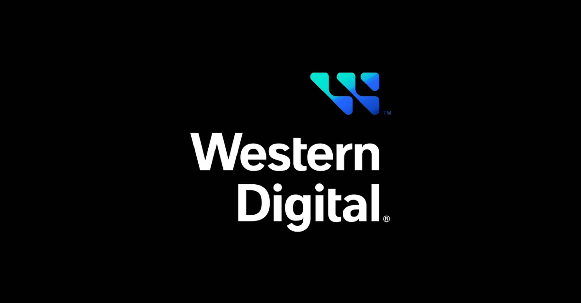 Logotipo de Western Digital sobre fondo negro. El logo incluye una W estilizada y el nombre de la empresa en blanco.
