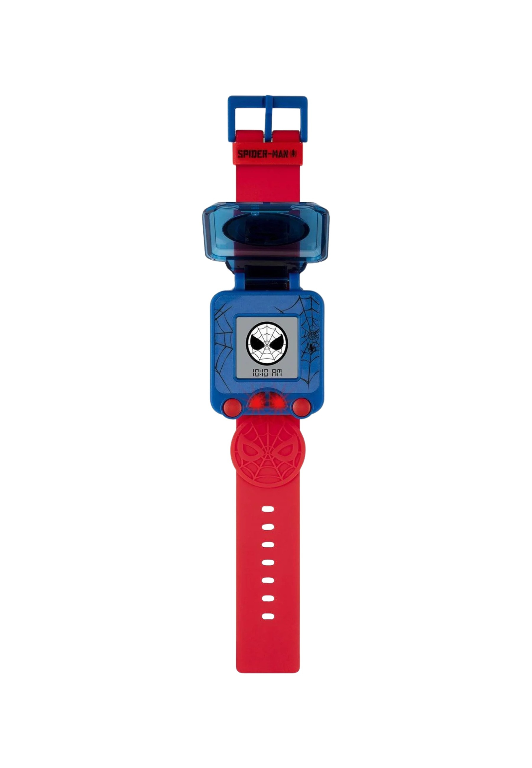 Spider-Man-Uhr mit blauen, roten und schwarzen Details. Das Zifferblatt zeigt die Uhrzeit und ein Spider-Man-Bild.