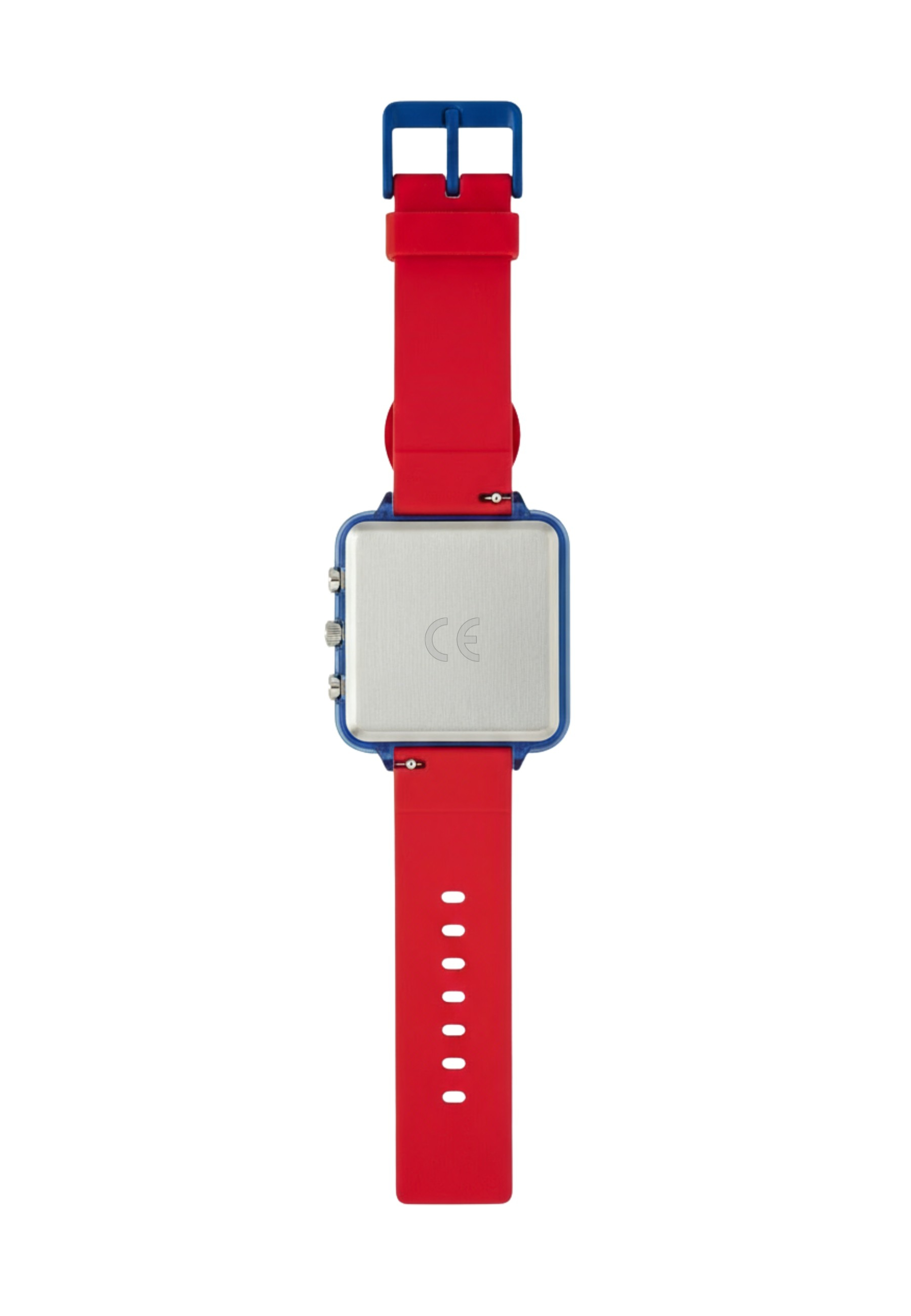 Eine rote Uhr mit blauem Rahmen und Schnalle. Das Zifferblatt ist silber. Das Armband ist rot. Der Hintergrund ist weiß.