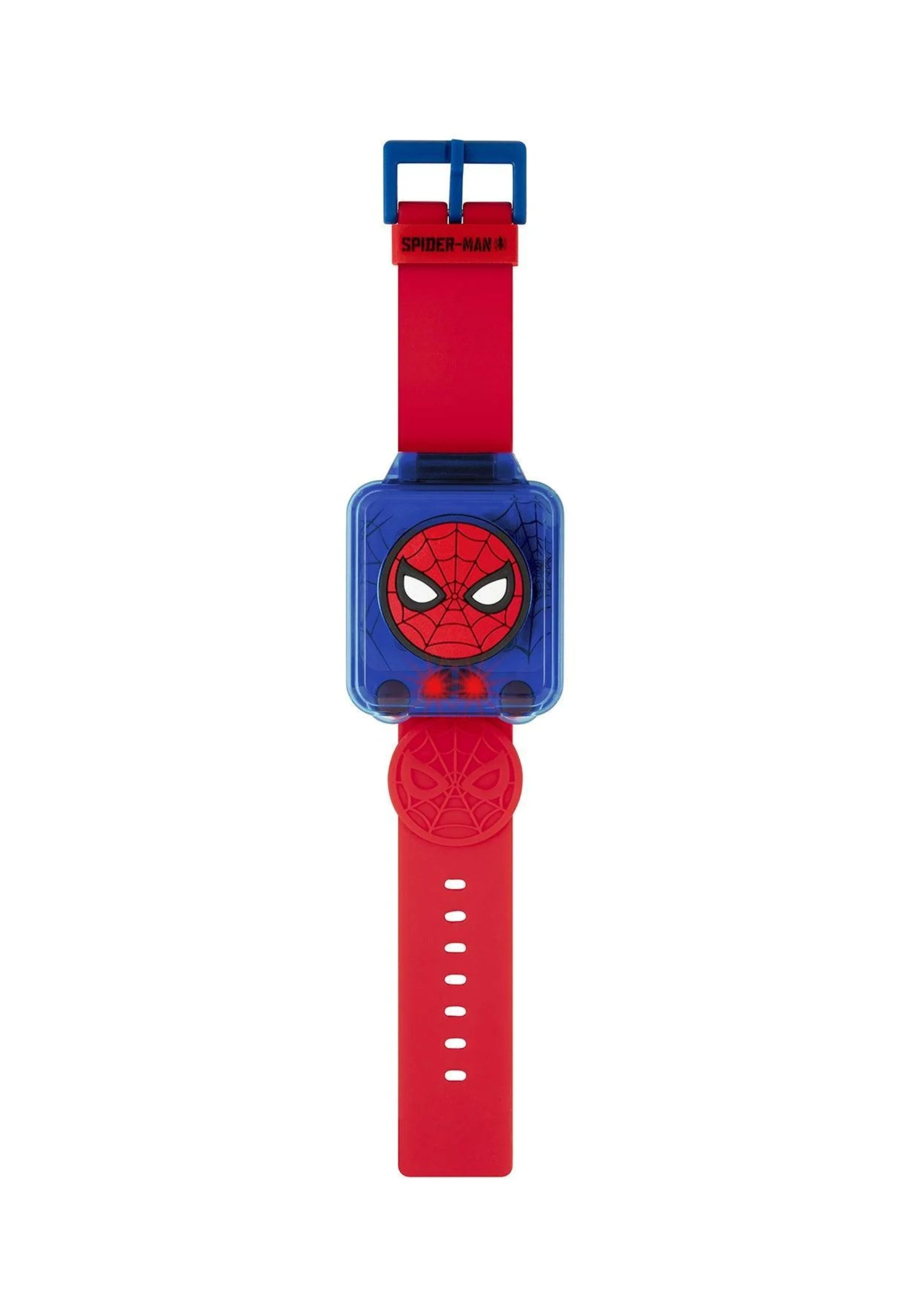 Eine Spider-Man-Uhr hat ein blaues Zifferblatt mit Spider-Man's Maske und rote Armbänder. Die Uhr hat eine blaue Schnalle.