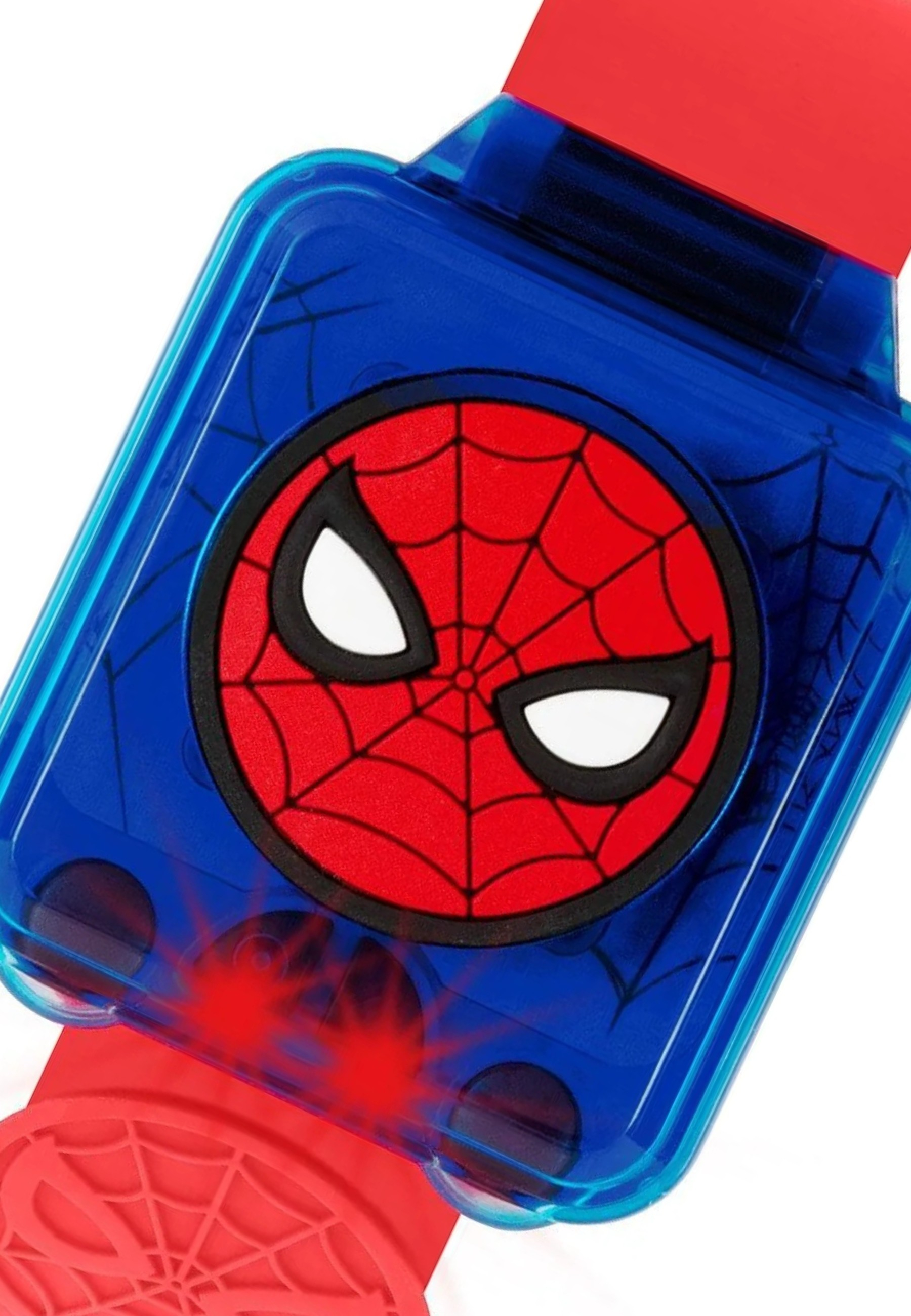 Eine Spiderman-Uhr mit rotem Armband. Das Zifferblatt ist blau mit Spidermans Gesicht.
