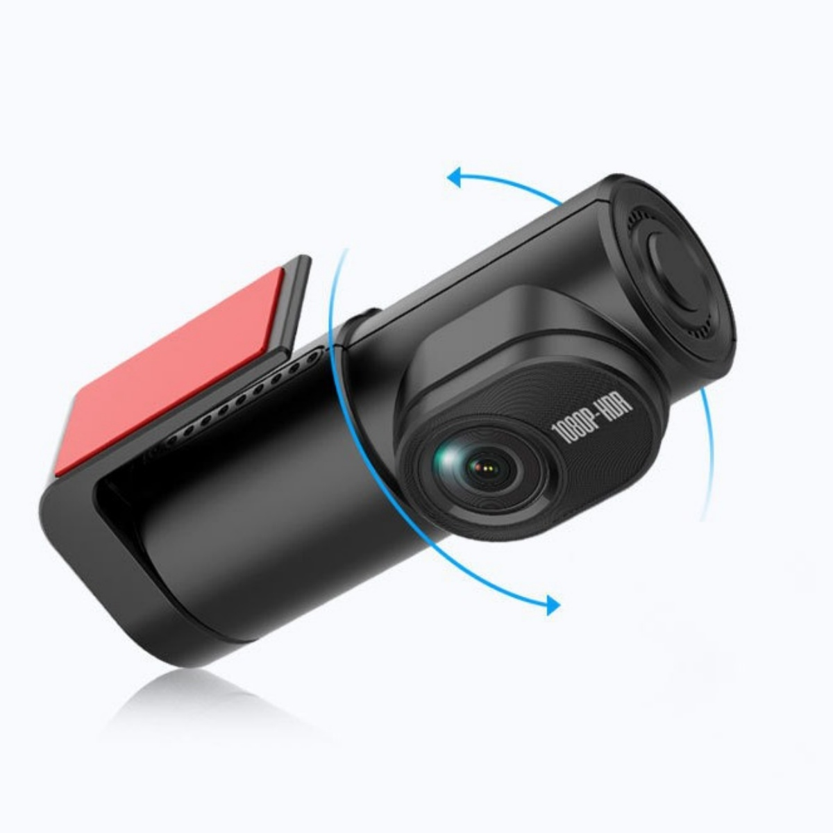 Schwarze Dashcam mit roter Klebehalterung. Das Objektiv zeigt nach vorne, Text "1080P-HDR" auf dem Gehäuse. Gebogene blaue Pfeile markieren die Drehung.