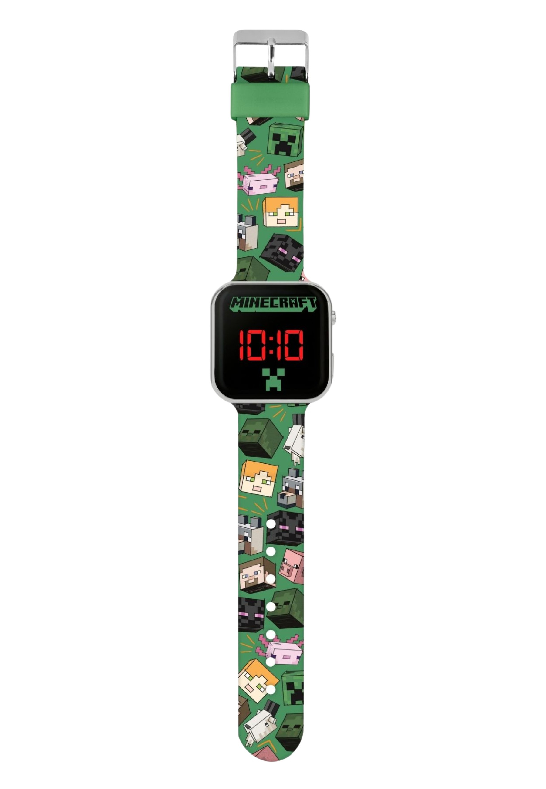 Un orologio di Minecraft mostra le 10:10. Il cinturino verde è decorato con personaggi di Minecraft.
